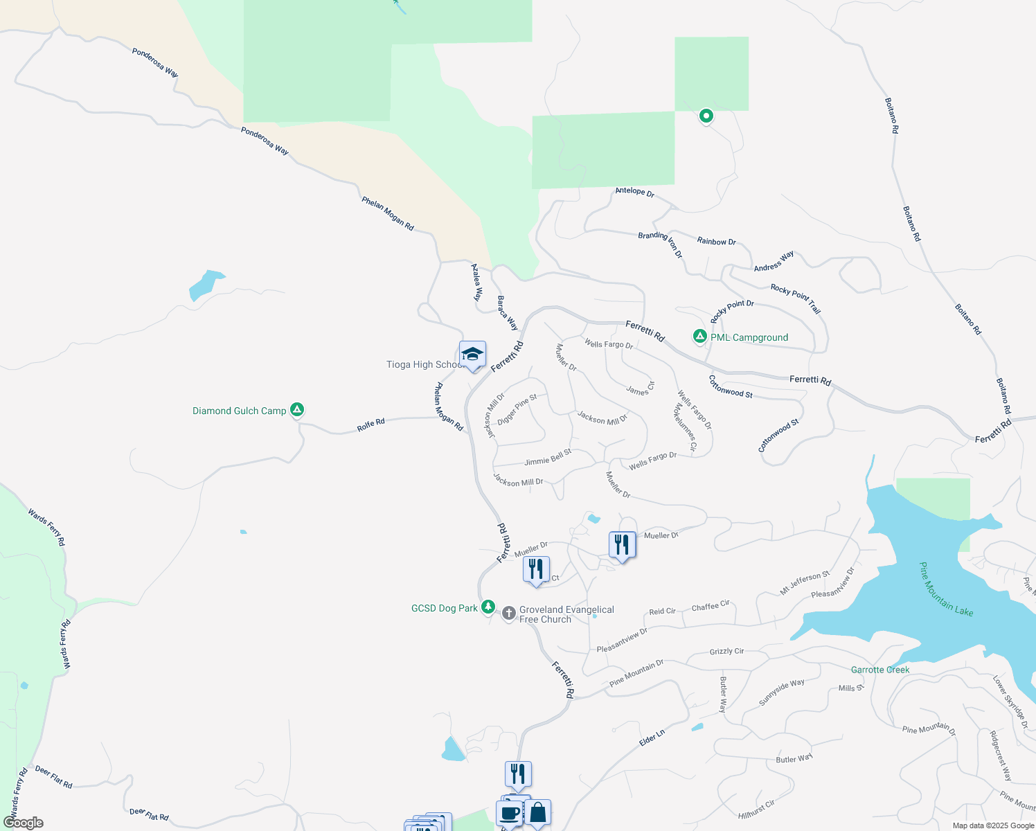 map of restaurants, bars, coffee shops, grocery stores, and more near 18987 Digger Pine St in Groveland-Big Oak Flat