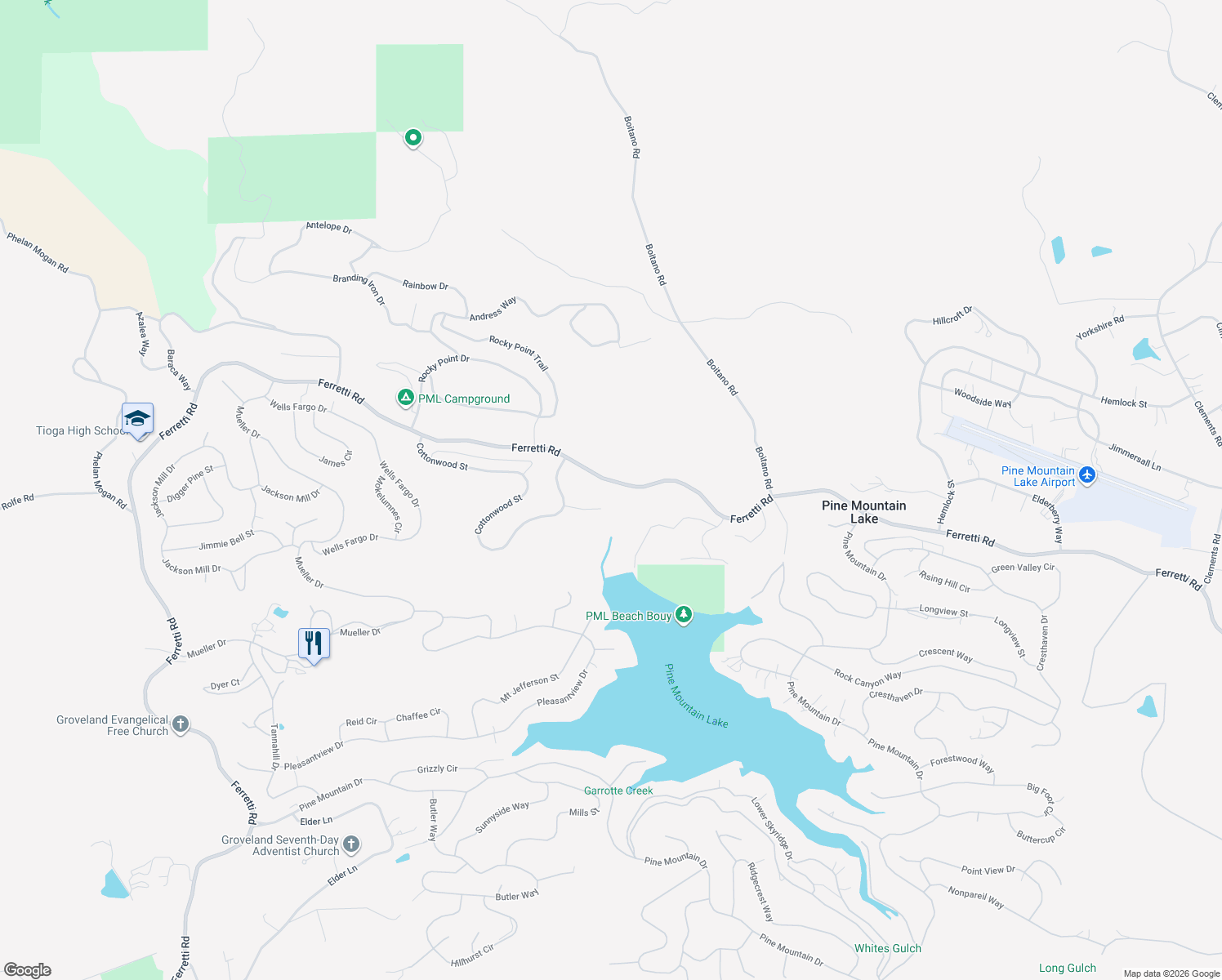 map of restaurants, bars, coffee shops, grocery stores, and more near 19940 Deerbrush Ct in Groveland-Big Oak Flat