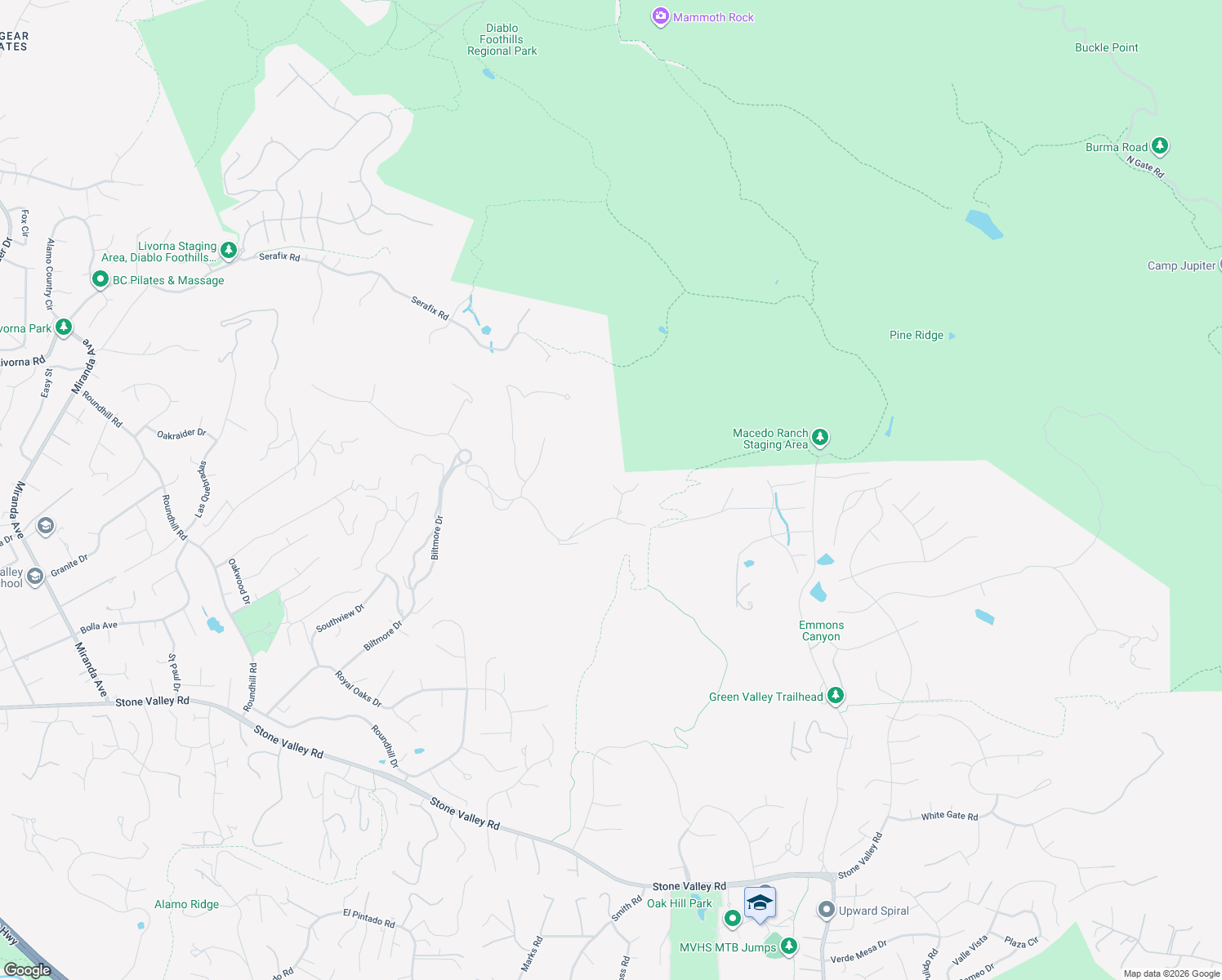 map of restaurants, bars, coffee shops, grocery stores, and more near 27 Tanbark Lane in Alamo