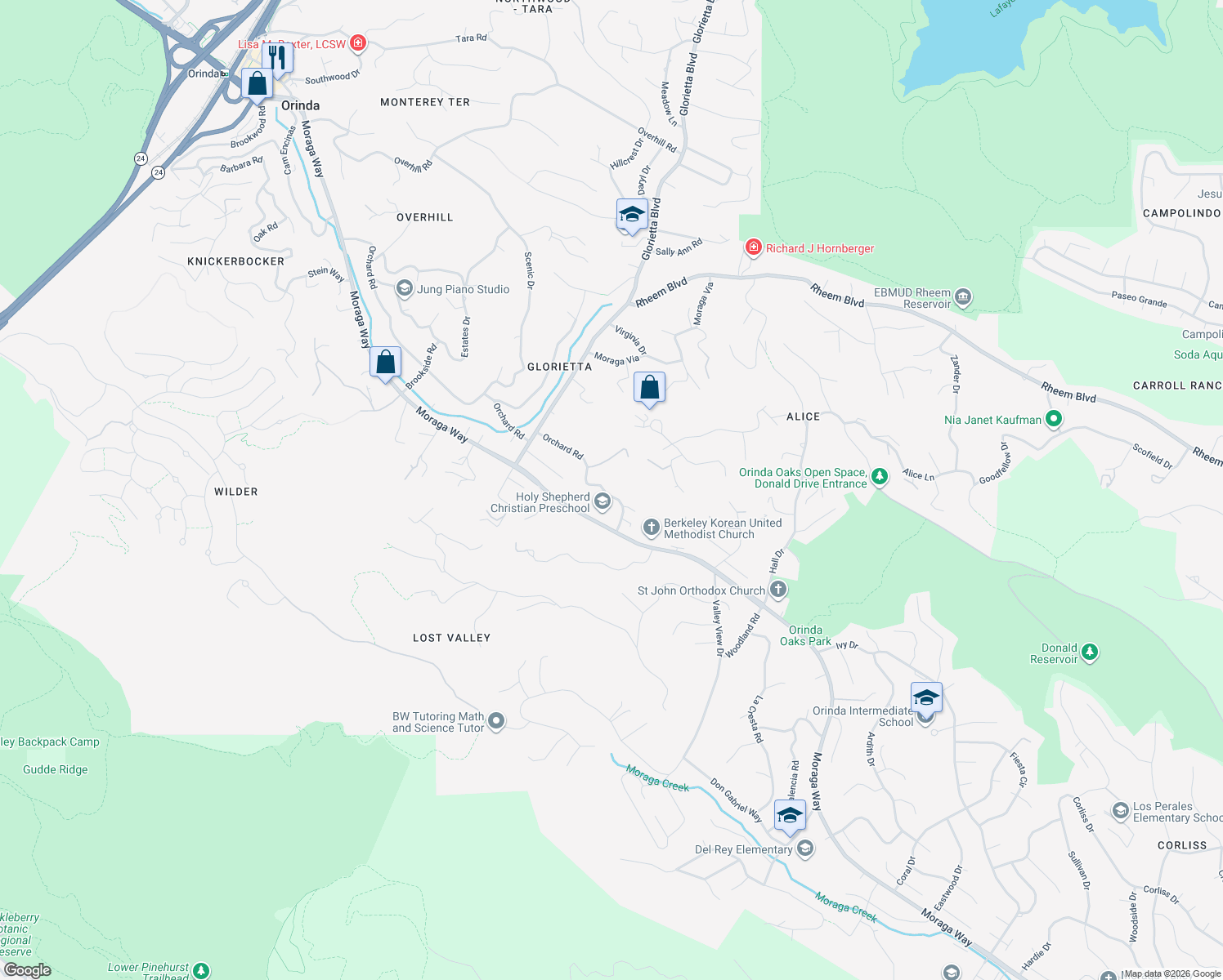 map of restaurants, bars, coffee shops, grocery stores, and more near 273 Orchard Road in Orinda
