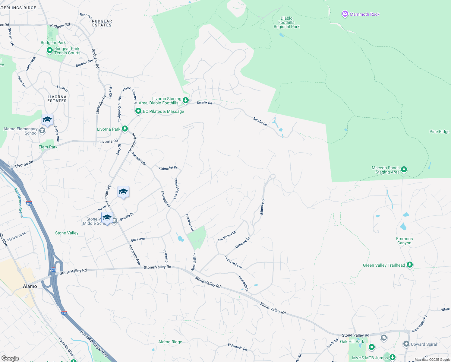 map of restaurants, bars, coffee shops, grocery stores, and more near 170 Tracy Lane in Alamo