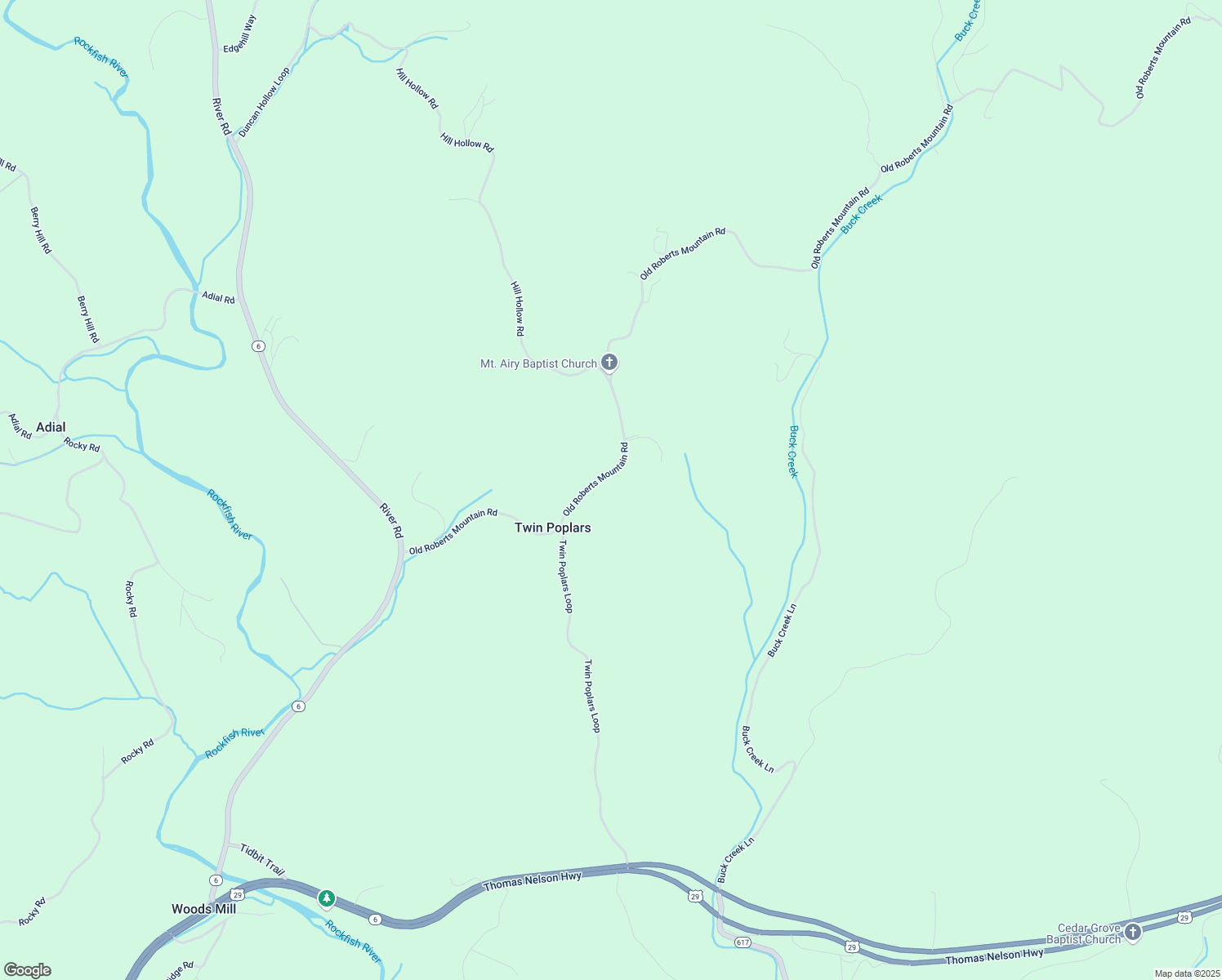 map of restaurants, bars, coffee shops, grocery stores, and more near 674 Old Roberts Mountain Road in Faber