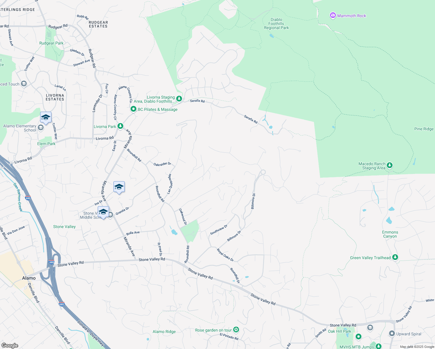 map of restaurants, bars, coffee shops, grocery stores, and more near 170 Tracy Lane in Alamo