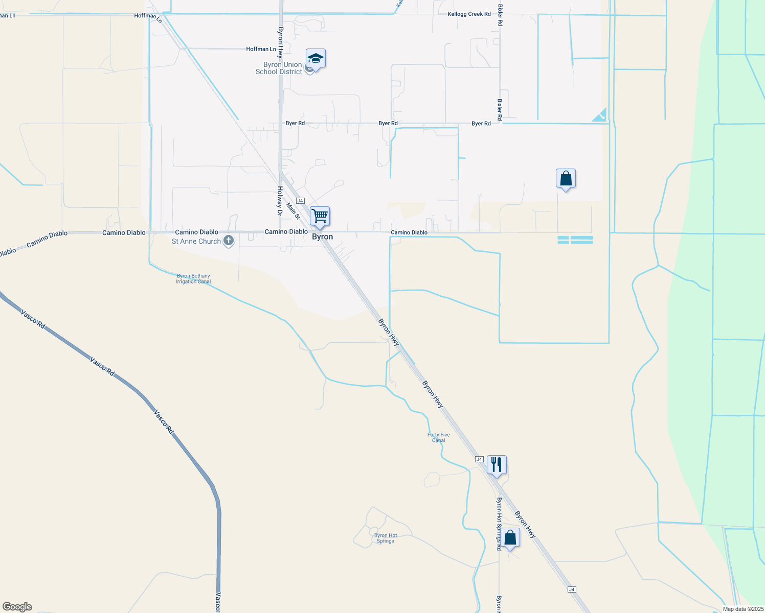 map of restaurants, bars, coffee shops, grocery stores, and more near 15447 Byron Highway in Byron