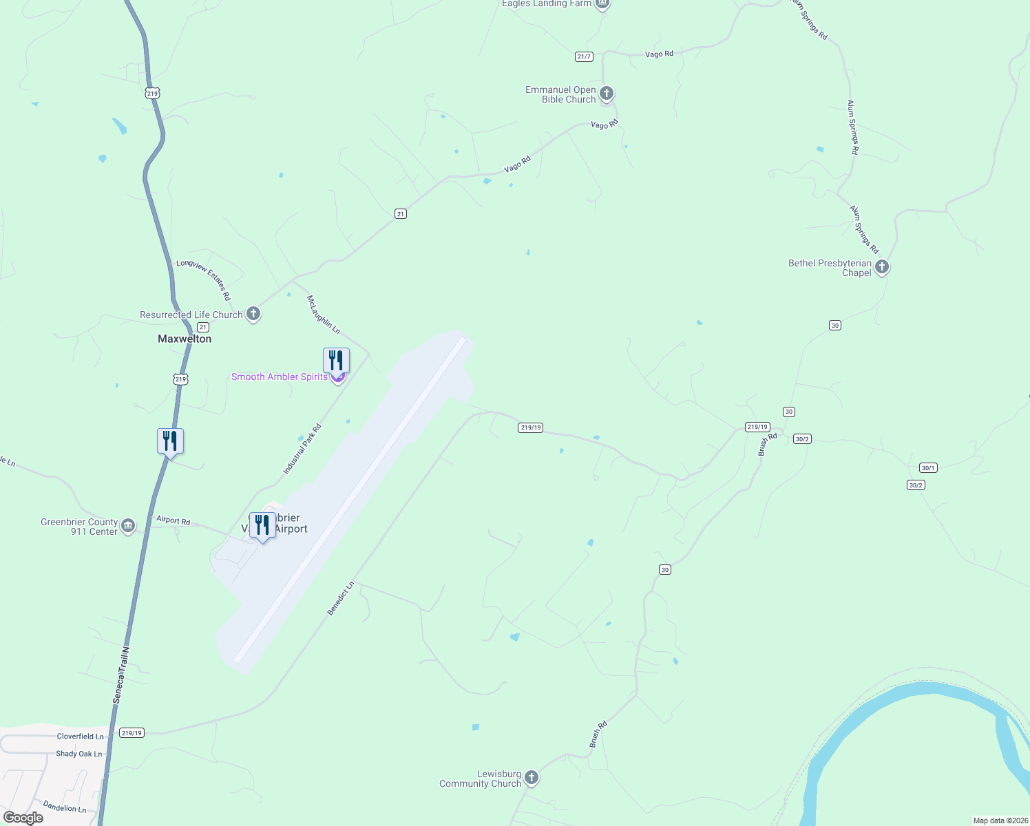 map of restaurants, bars, coffee shops, grocery stores, and more near 1981 County Route 219/19 in Greenbrier