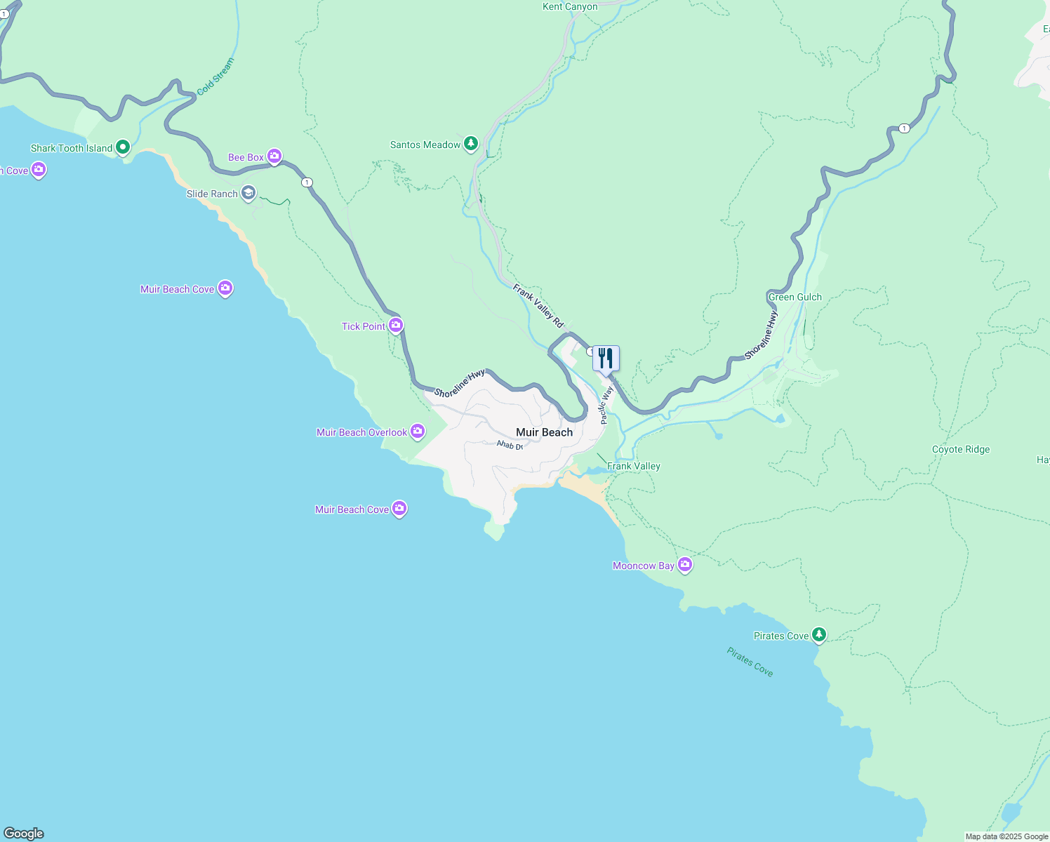 map of restaurants, bars, coffee shops, grocery stores, and more near 50 Starbuck Drive in Muir Beach