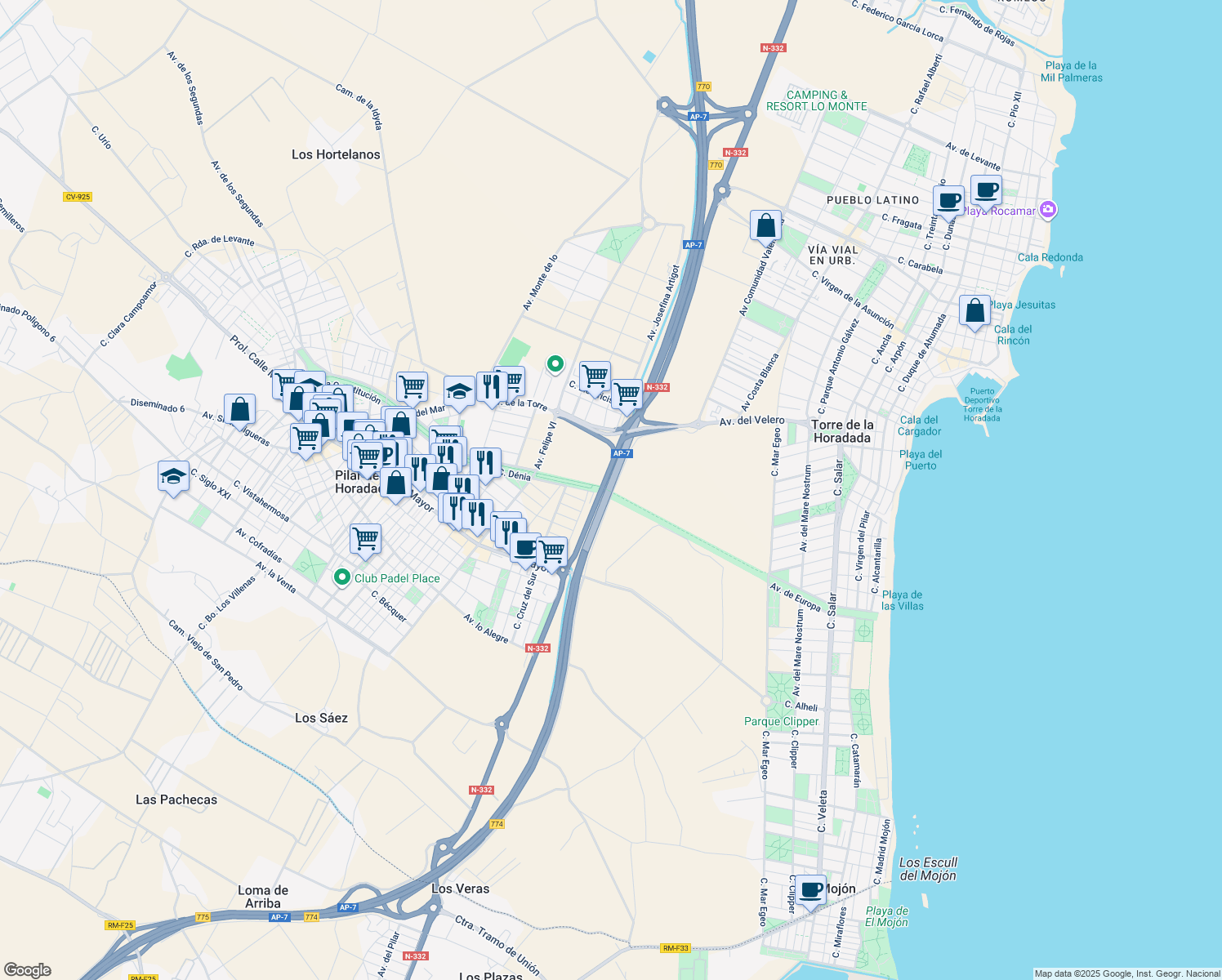 map of restaurants, bars, coffee shops, grocery stores, and more near 772 AP-7 in Pilar de la Horadada