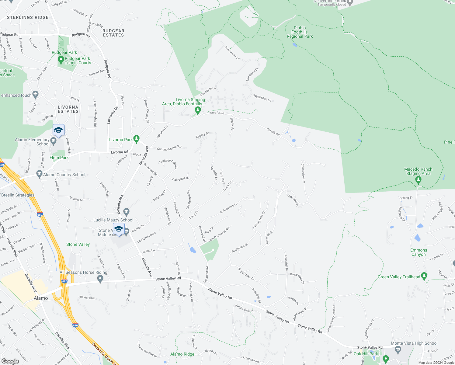 map of restaurants, bars, coffee shops, grocery stores, and more near 141 Tracy Lane in Alamo