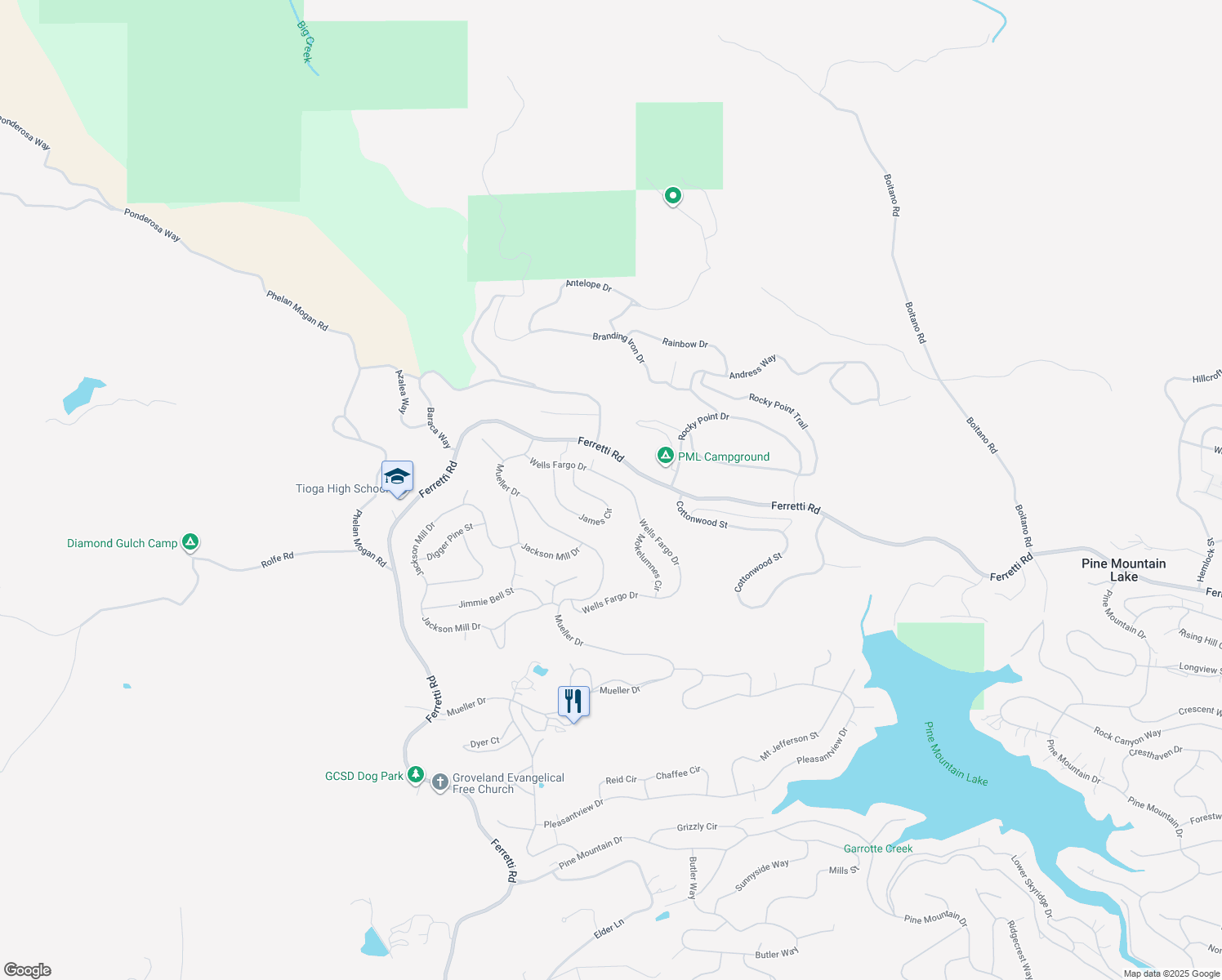 map of restaurants, bars, coffee shops, grocery stores, and more near 13210 Wells Fargo Dr in Groveland-Big Oak Flat