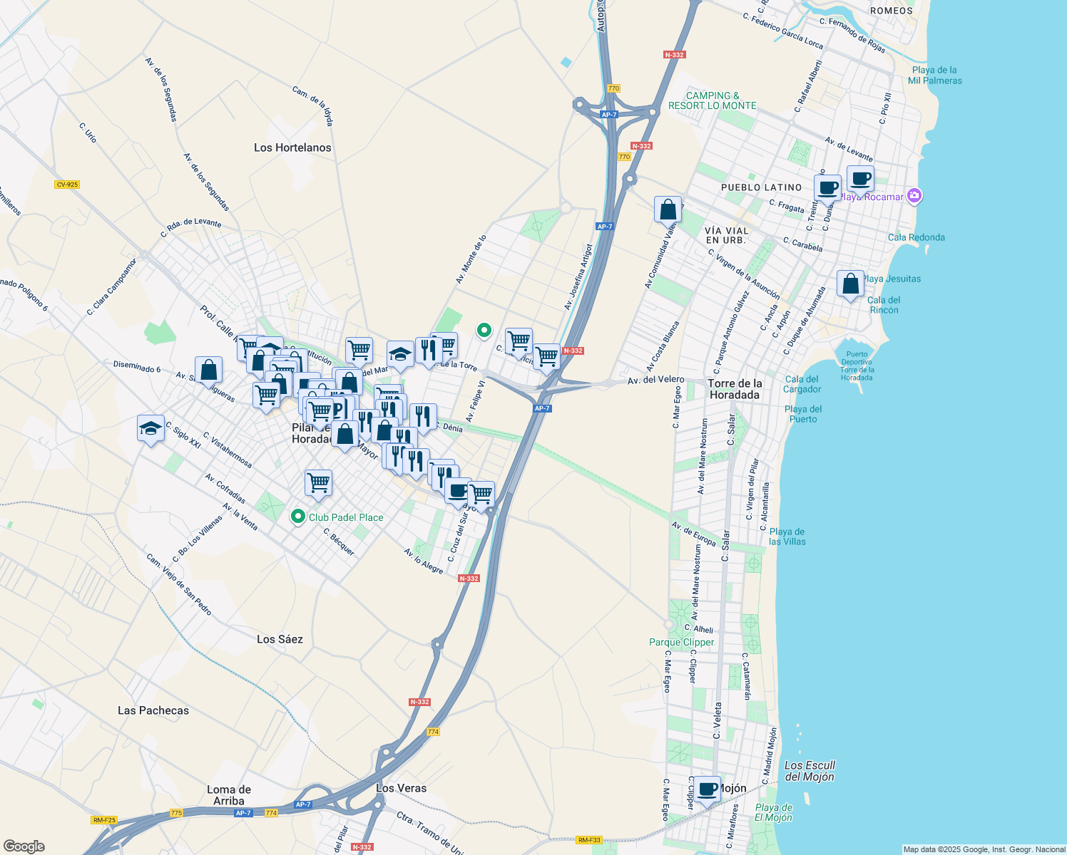 map of restaurants, bars, coffee shops, grocery stores, and more near 772 AP-7 in Pilar de la Horadada