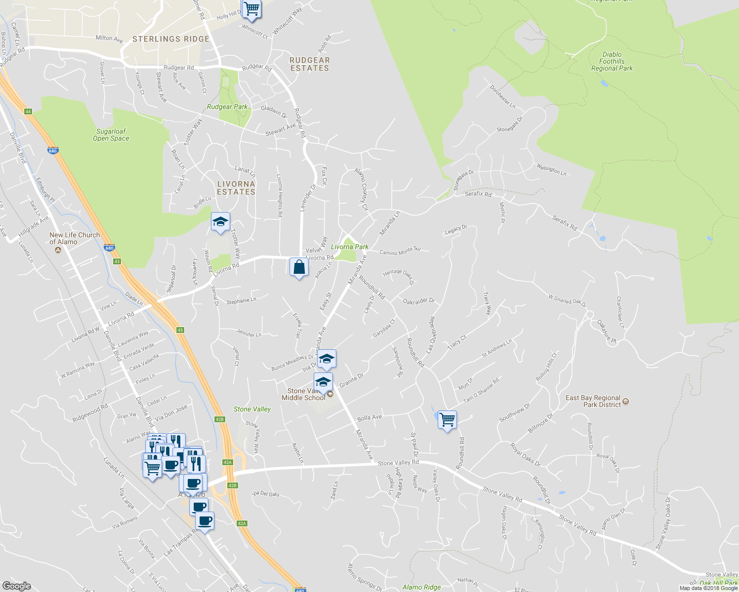 map of restaurants, bars, coffee shops, grocery stores, and more near 210 Likely Drive in Alamo