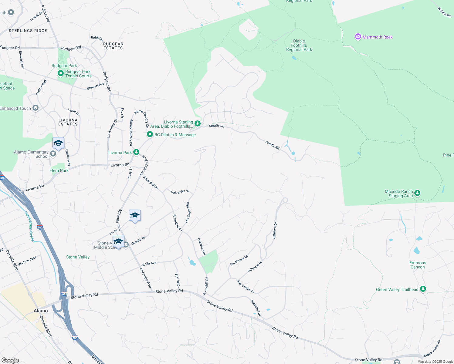map of restaurants, bars, coffee shops, grocery stores, and more near 469 Oakshire Place in Alamo