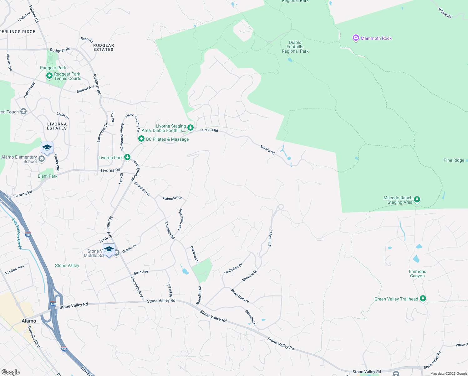 map of restaurants, bars, coffee shops, grocery stores, and more near 457 Oakshire Place in Alamo