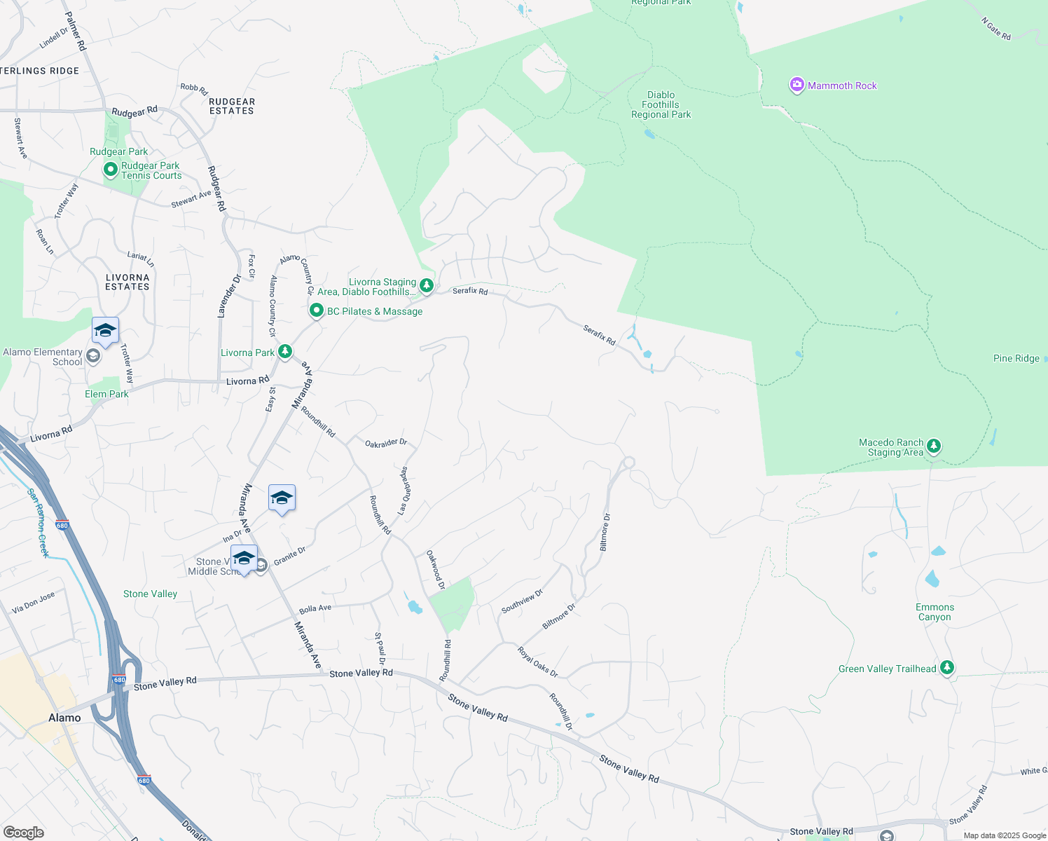 map of restaurants, bars, coffee shops, grocery stores, and more near 457 Oakshire Place in Alamo