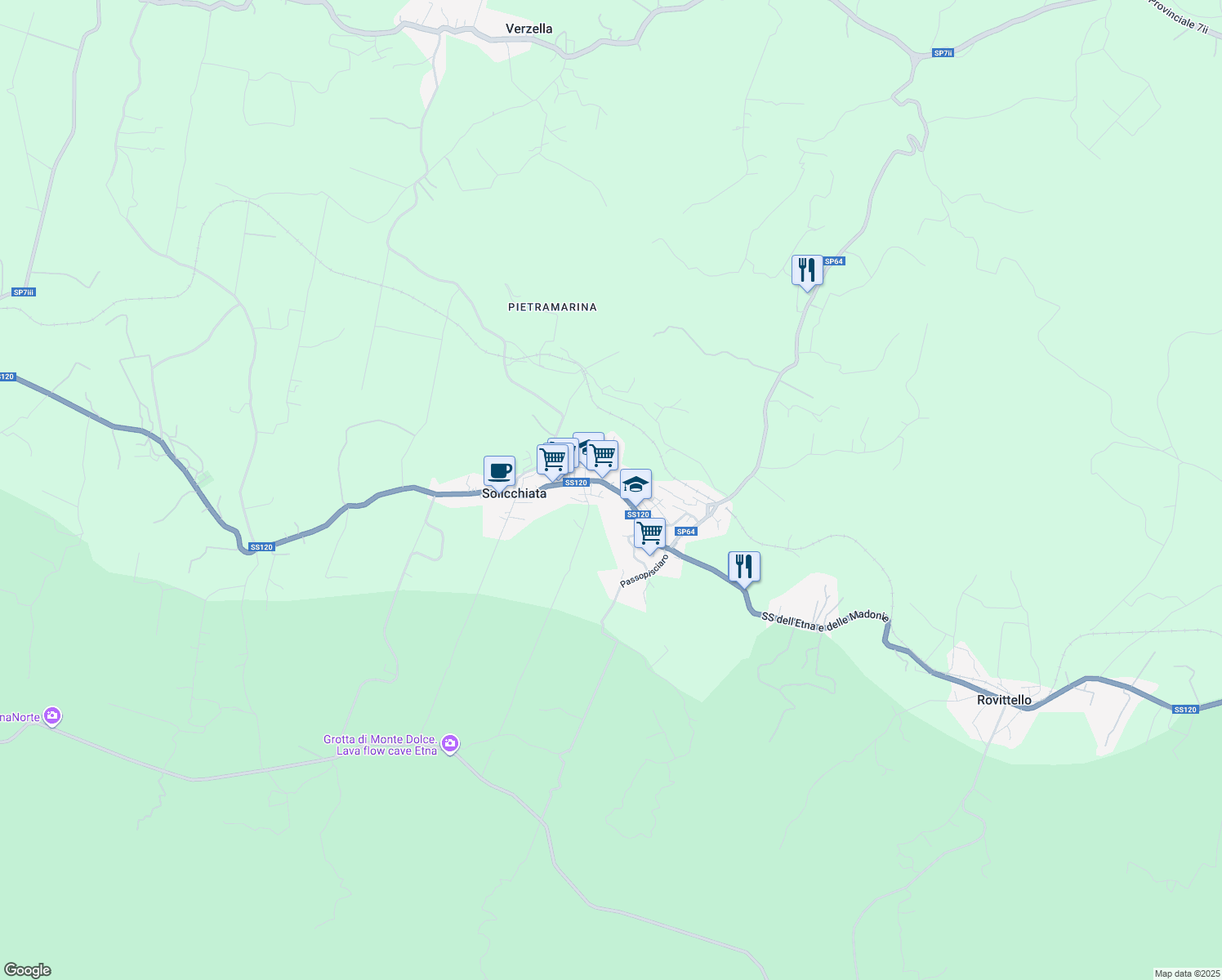 map of restaurants, bars, coffee shops, grocery stores, and more near 75 Via Nazionale Solicchiata in Solicchiata