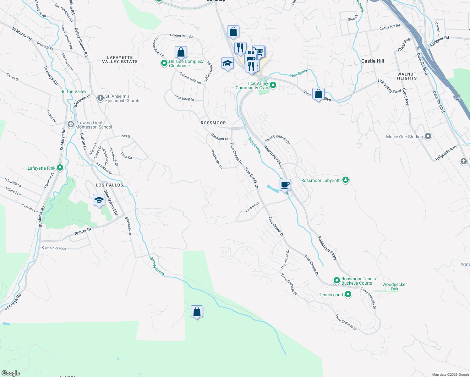 map of restaurants, bars, coffee shops, grocery stores, and more near 1240 Running Springs Road in Walnut Creek