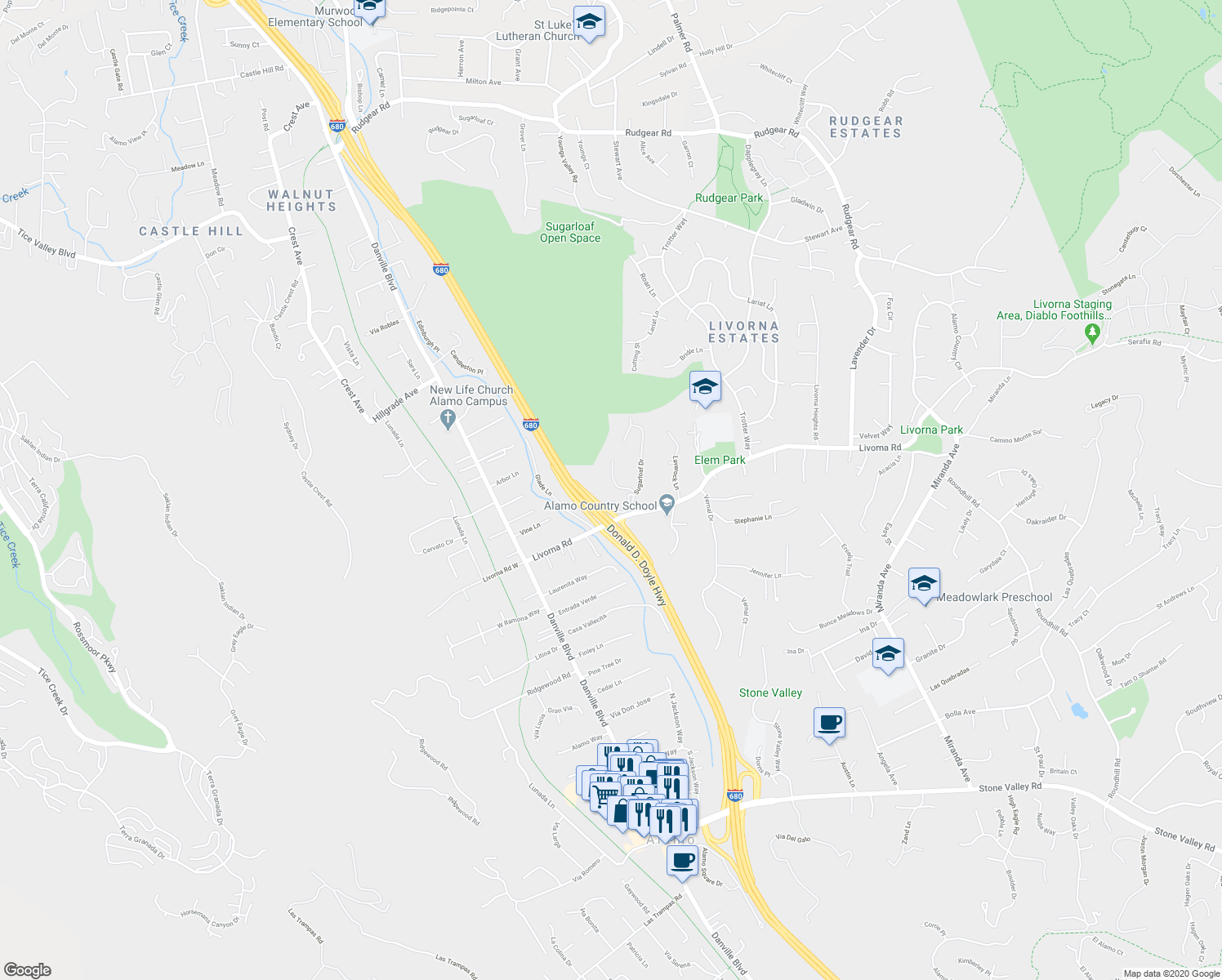 map of restaurants, bars, coffee shops, grocery stores, and more near 16 Sugarloaf Terrace in Alamo