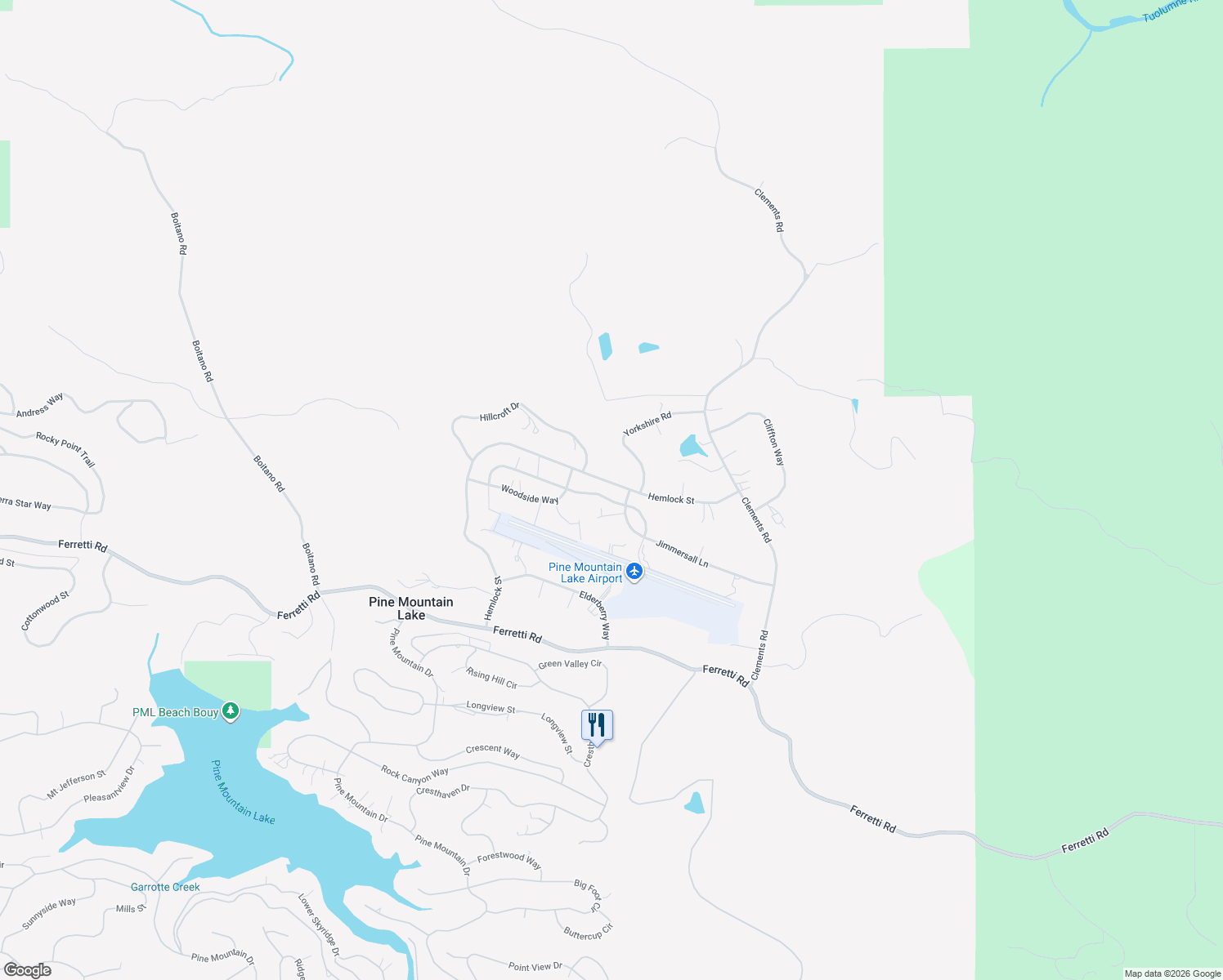 map of restaurants, bars, coffee shops, grocery stores, and more near 21107 Hemlock St in Groveland-Big Oak Flat