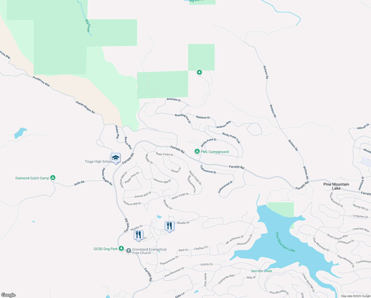 map of restaurants, bars, coffee shops, grocery stores, and more near 19428 Ferretti Rd in Groveland-Big Oak Flat