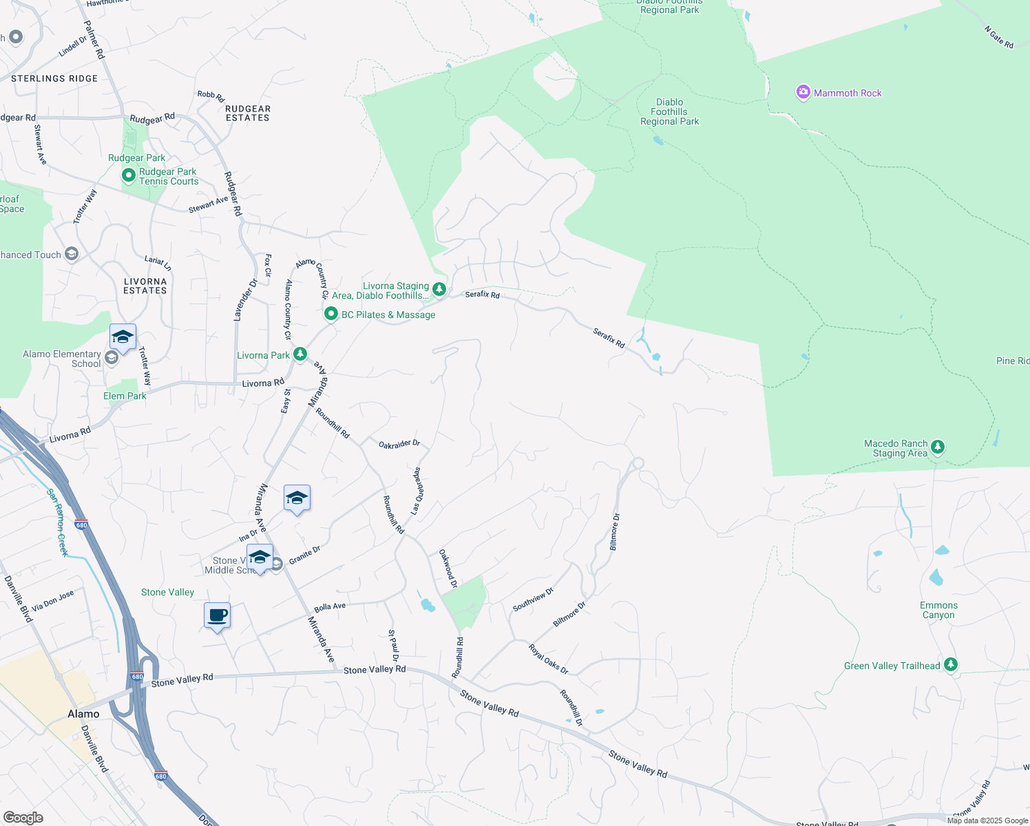 map of restaurants, bars, coffee shops, grocery stores, and more near 469 Oakshire Place in Alamo