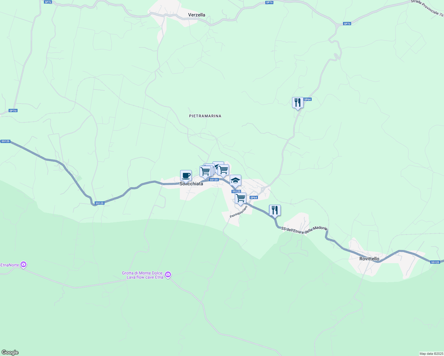 map of restaurants, bars, coffee shops, grocery stores, and more near 75 Via Nazionale Solicchiata in Solicchiata