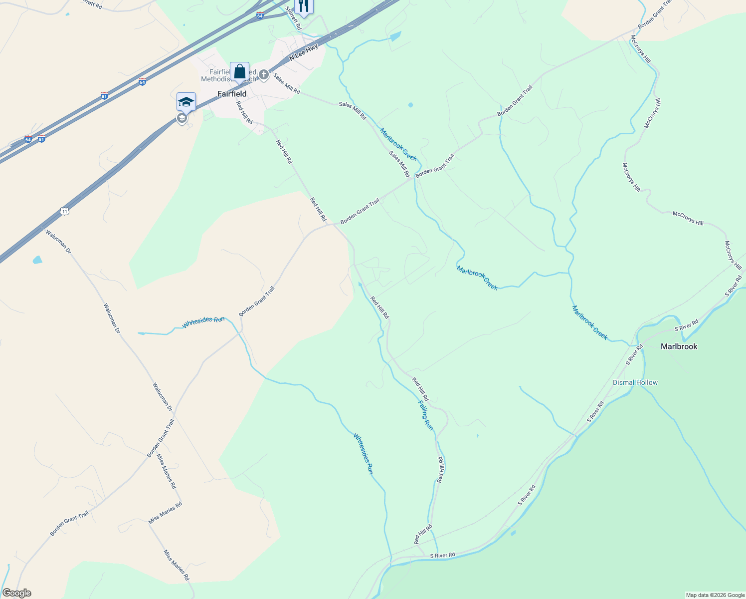 map of restaurants, bars, coffee shops, grocery stores, and more near Red Hill Road in Fairfield
