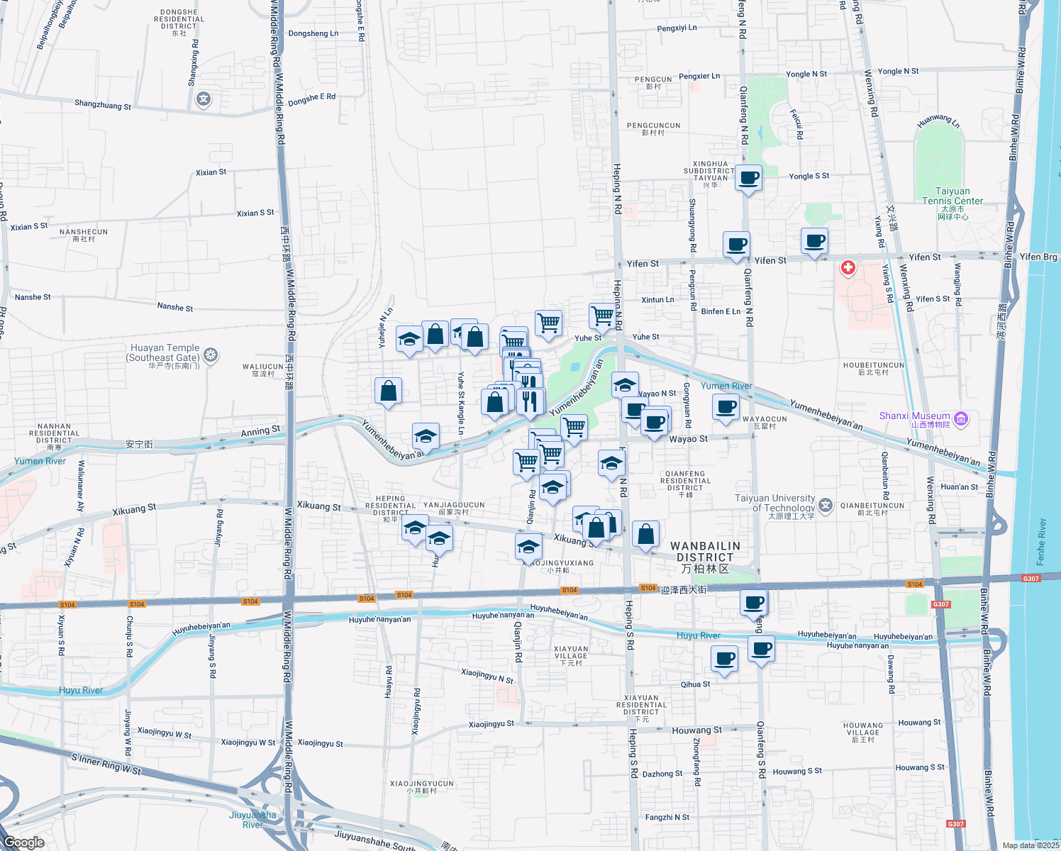 map of restaurants, bars, coffee shops, grocery stores, and more near 40 Qian Jin Lu in Tai Yuan Shi
