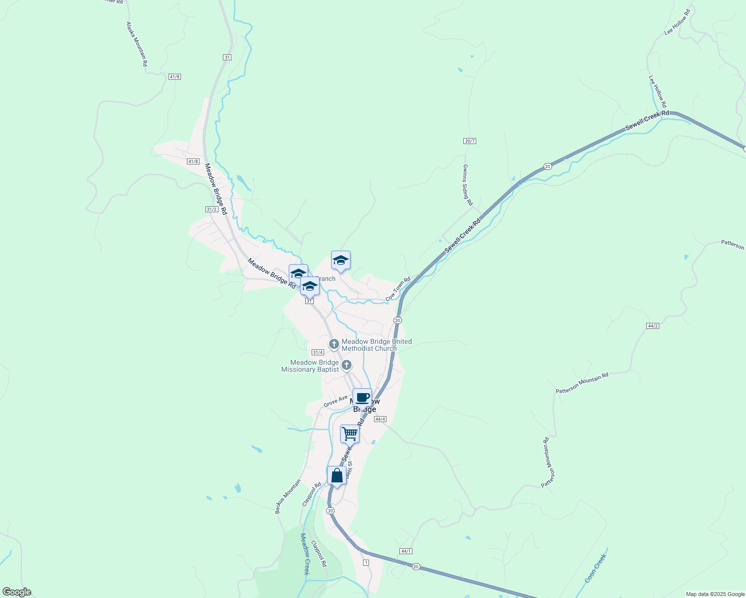 map of restaurants, bars, coffee shops, grocery stores, and more near Laurel Branch Rd in Meadow Bridge