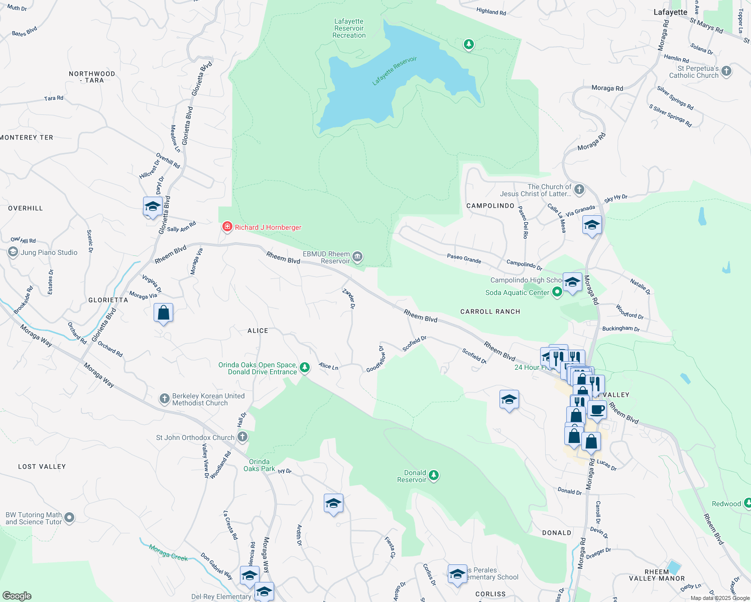 map of restaurants, bars, coffee shops, grocery stores, and more near 216 Rheem Blvd in Orinda
