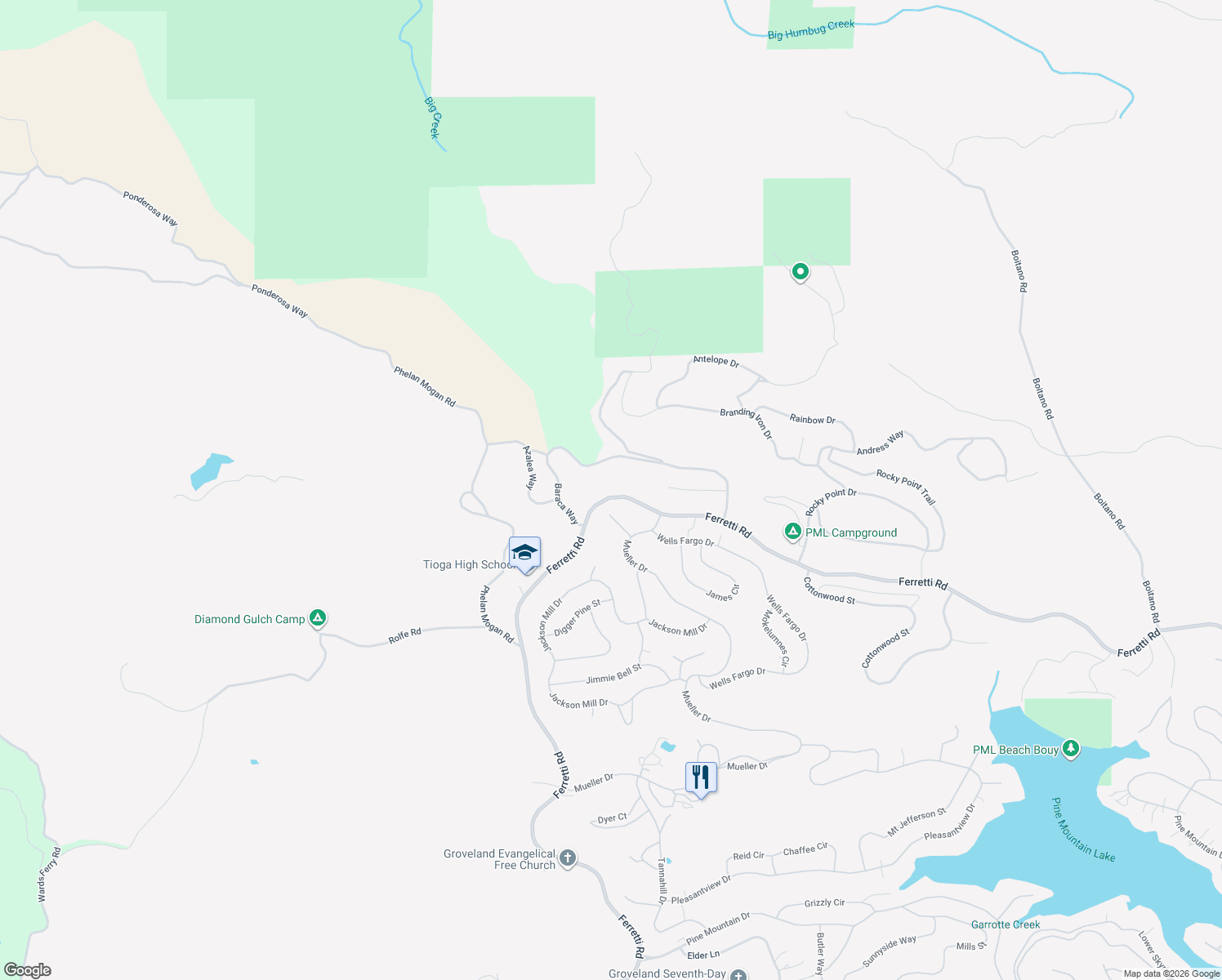 map of restaurants, bars, coffee shops, grocery stores, and more near 19368 Ferretti Rd in Groveland-Big Oak Flat