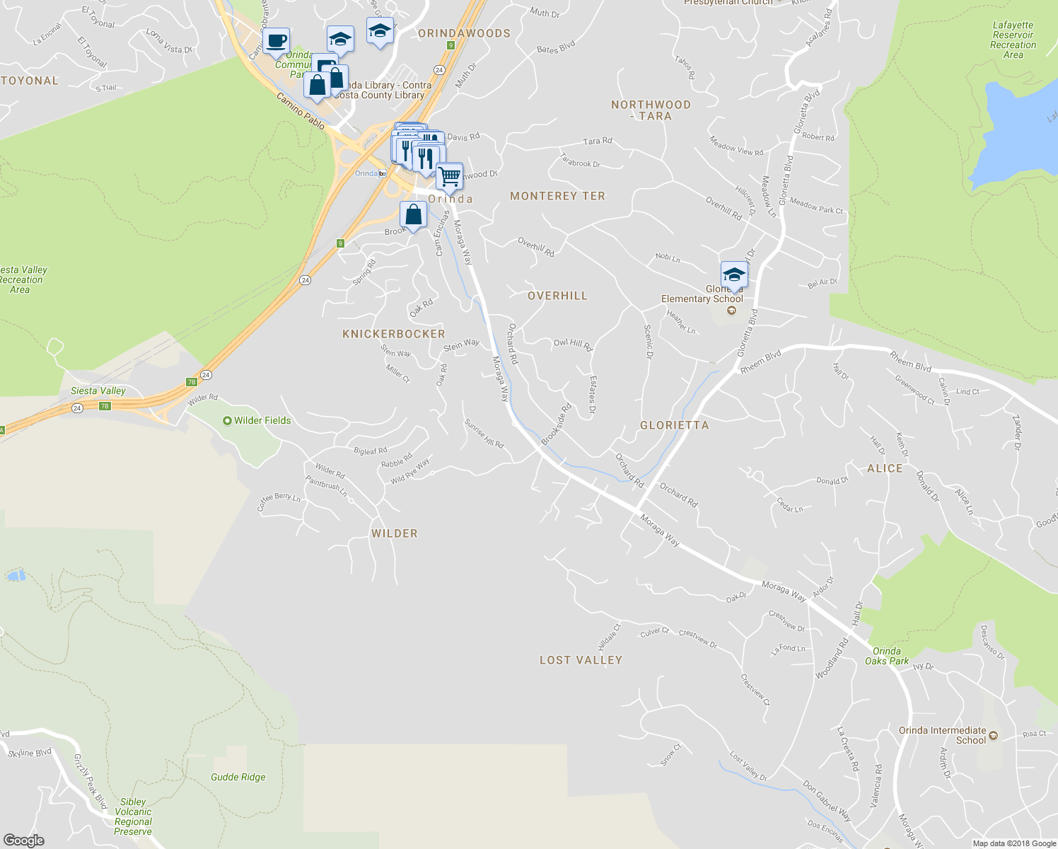 map of restaurants, bars, coffee shops, grocery stores, and more near 187 Moraga Way in Orinda
