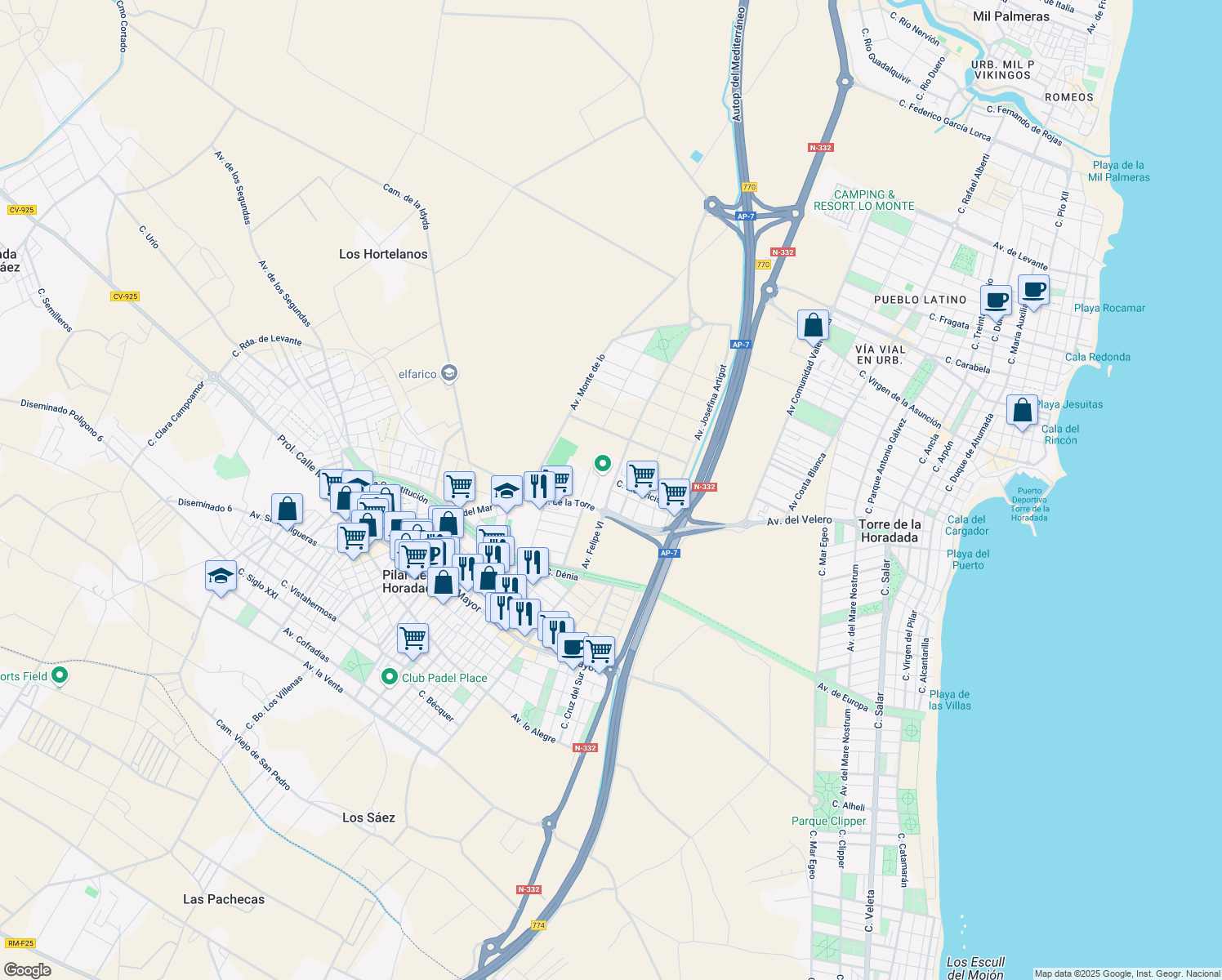 map of restaurants, bars, coffee shops, grocery stores, and more near Avenida Felipe VI in Pilar de la Horadada