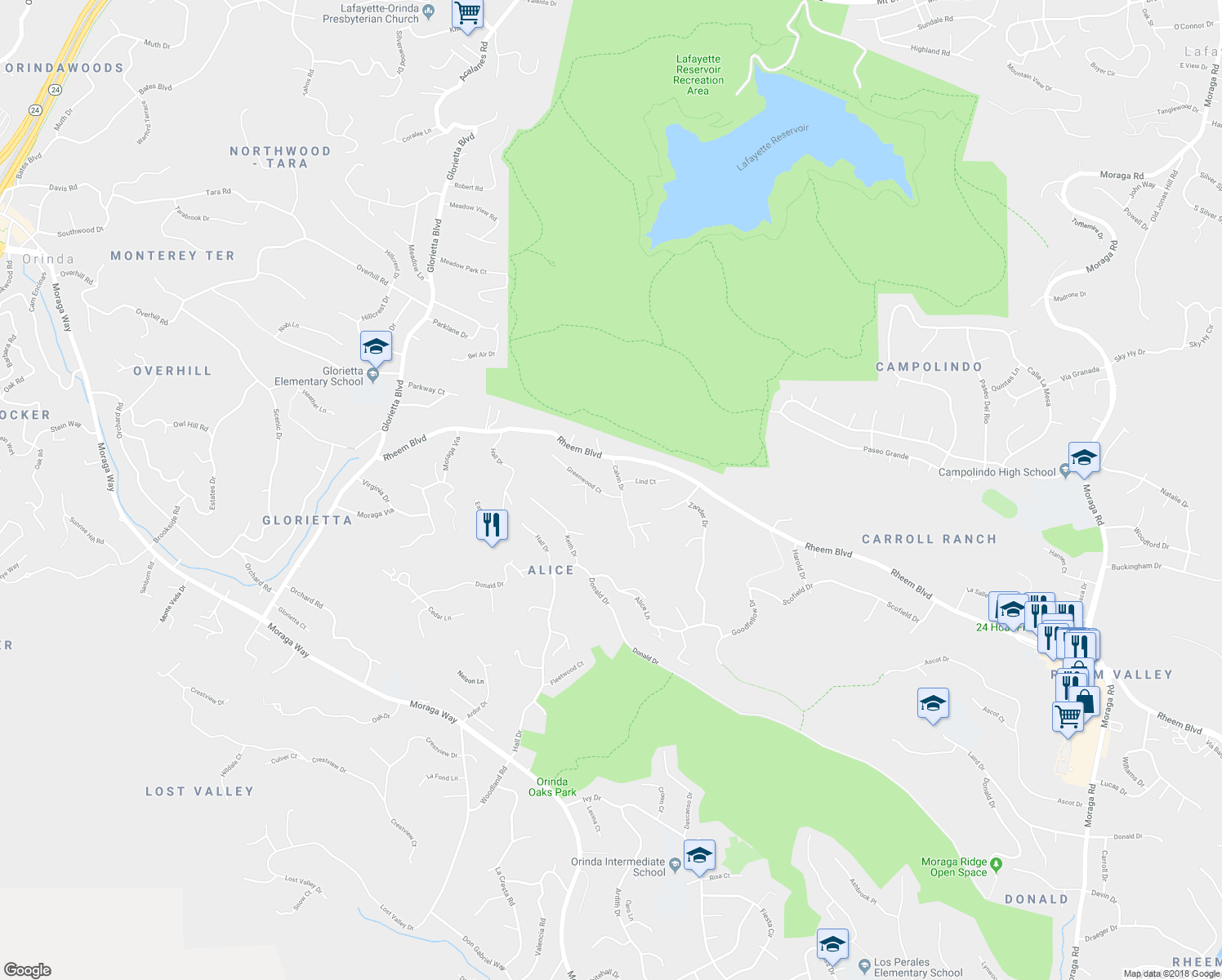 map of restaurants, bars, coffee shops, grocery stores, and more near 4 Greenwood Court in Orinda