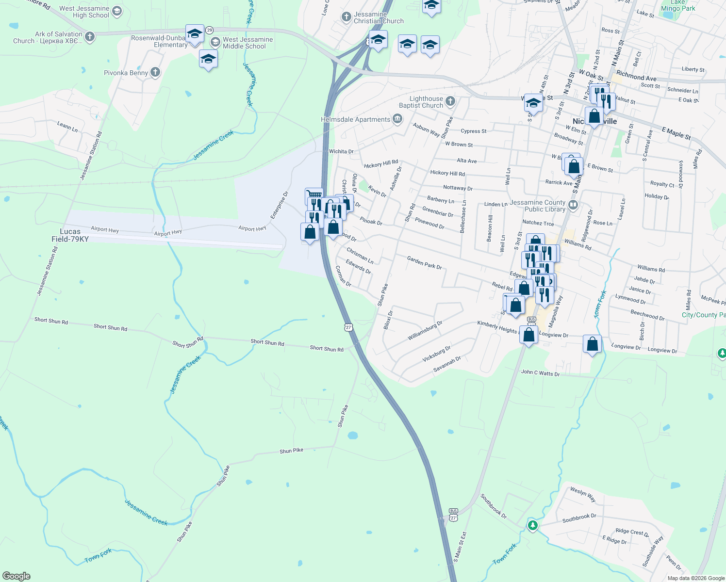 map of restaurants, bars, coffee shops, grocery stores, and more near 200 Corman Drive in Nicholasville