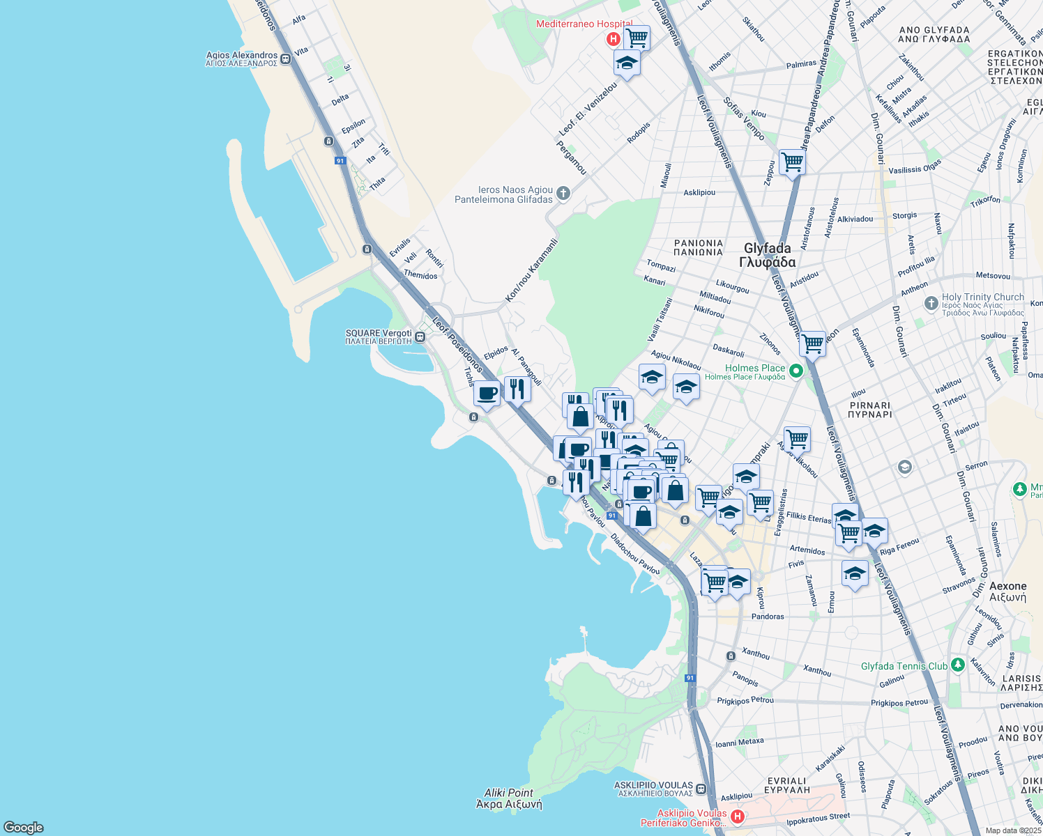 map of restaurants, bars, coffee shops, grocery stores, and more near in Glifada