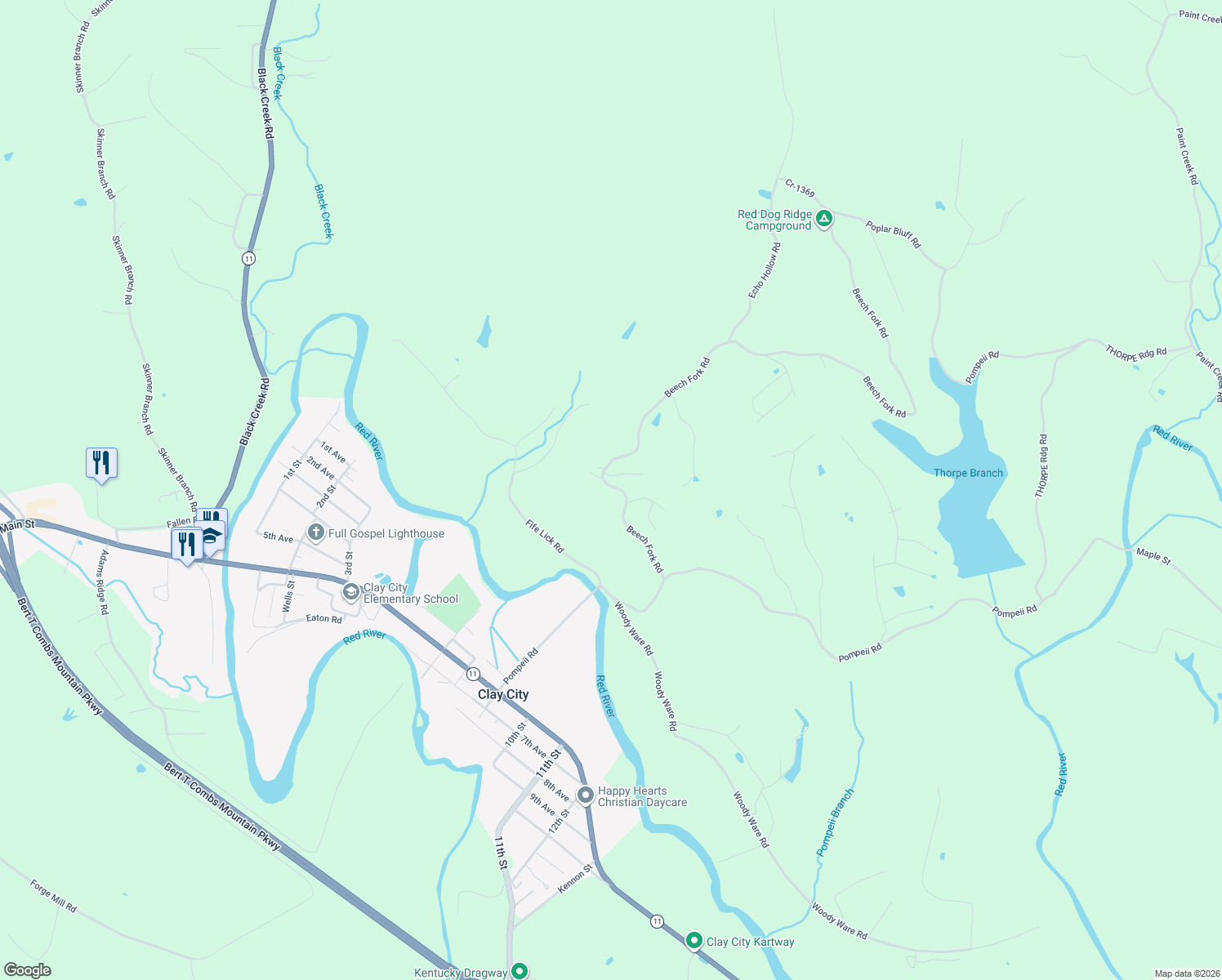 map of restaurants, bars, coffee shops, grocery stores, and more near 1009 Beech Fork Road in Clay City