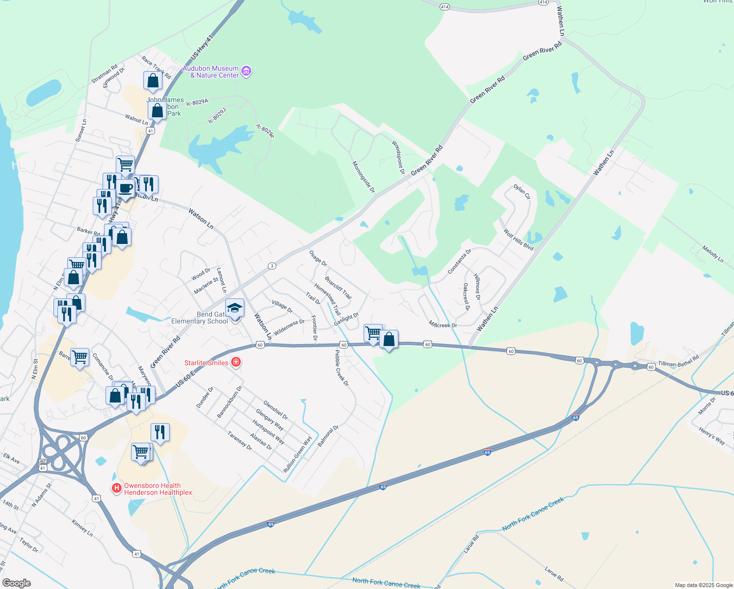 map of restaurants, bars, coffee shops, grocery stores, and more near 998 Osage Dr in Henderson