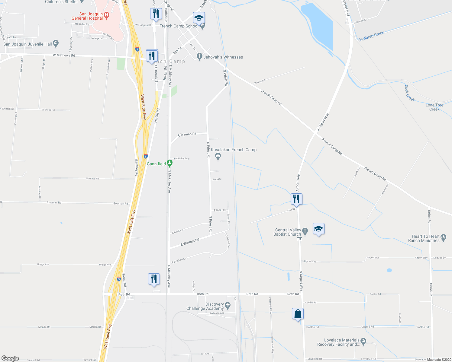 map of restaurants, bars, coffee shops, grocery stores, and more near 568 Amy Court in French Camp