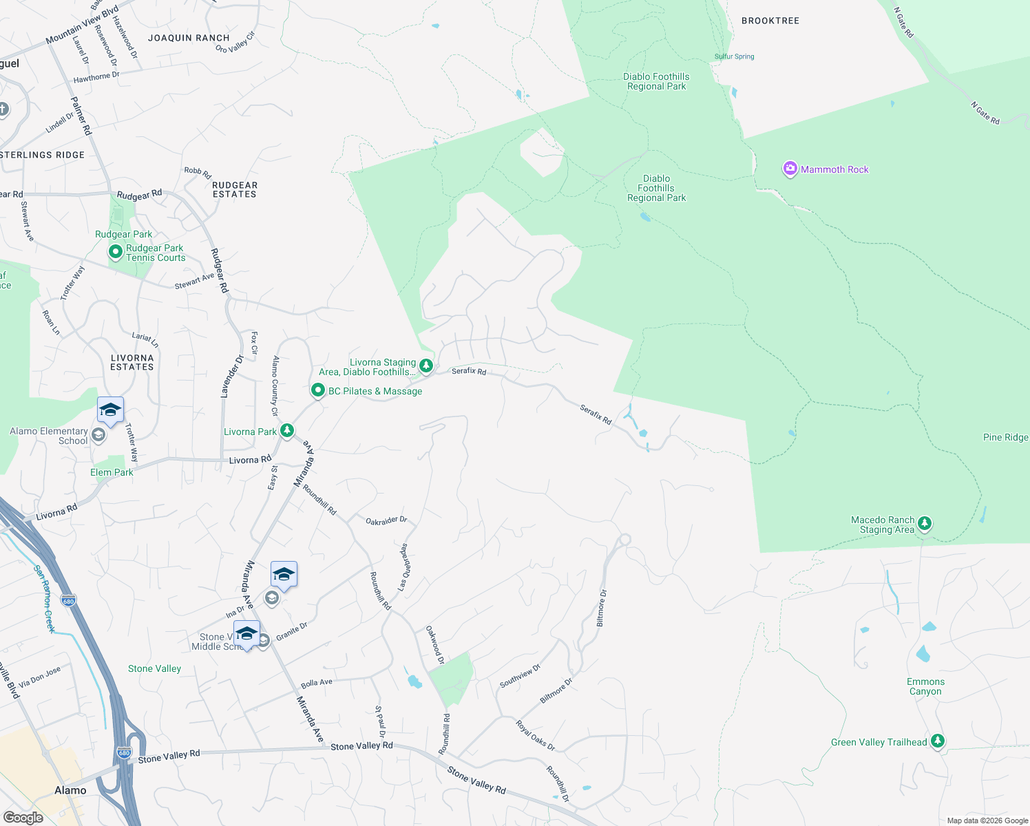 map of restaurants, bars, coffee shops, grocery stores, and more near 125 Mystic Place in Alamo
