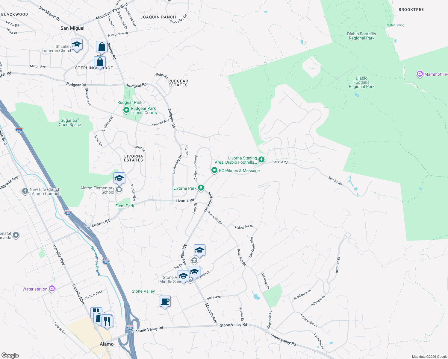 map of restaurants, bars, coffee shops, grocery stores, and more near 320 Miranda Lane in Alamo