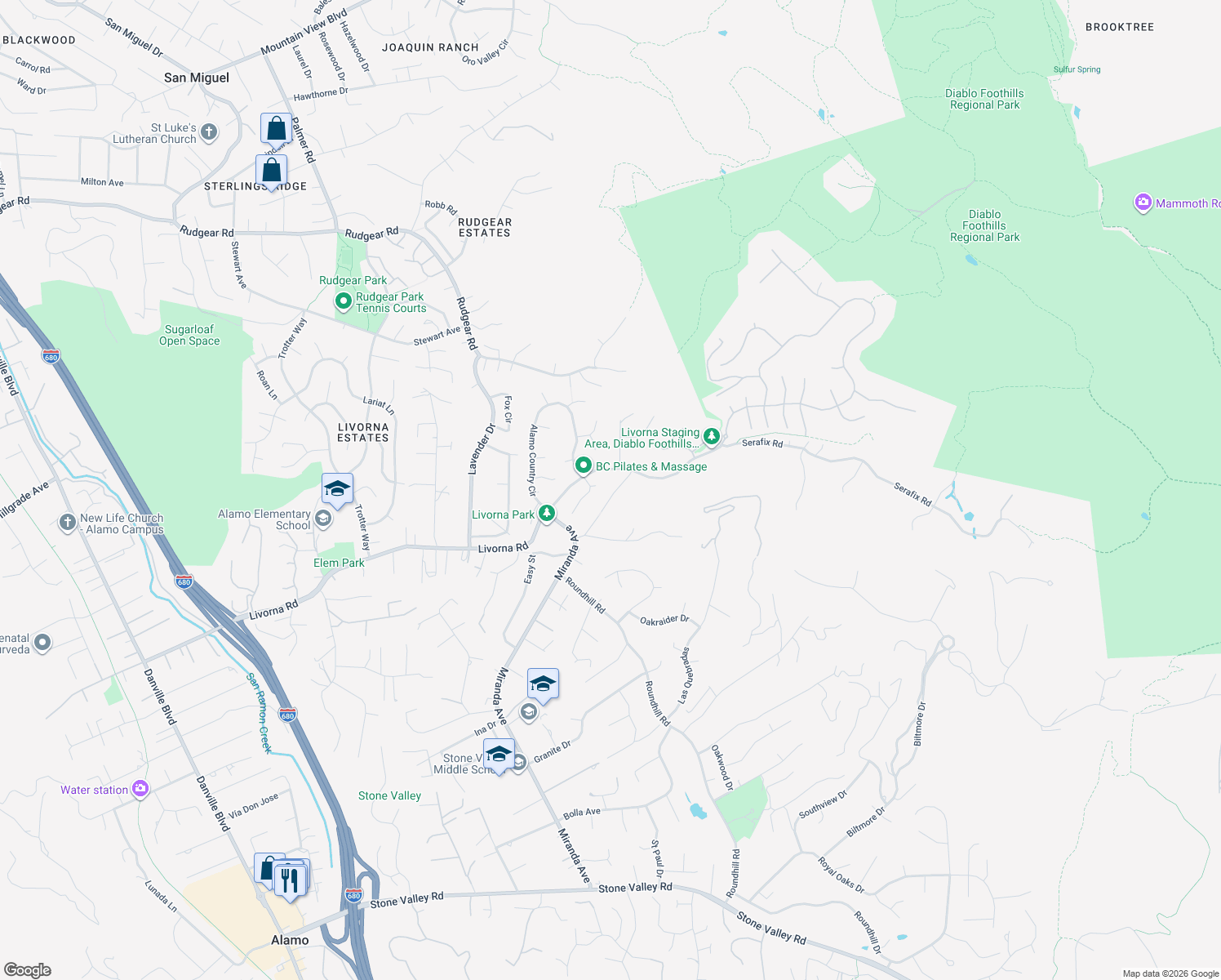 map of restaurants, bars, coffee shops, grocery stores, and more near 320 Miranda Lane in Alamo