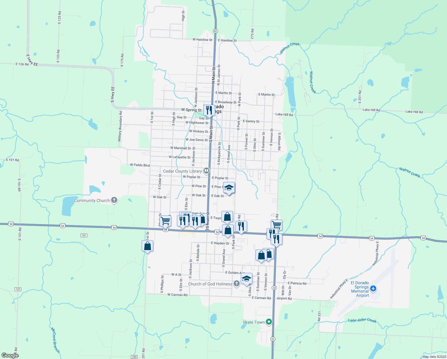 map of restaurants, bars, coffee shops, grocery stores, and more near 206 East Poplar Street in El Dorado Springs