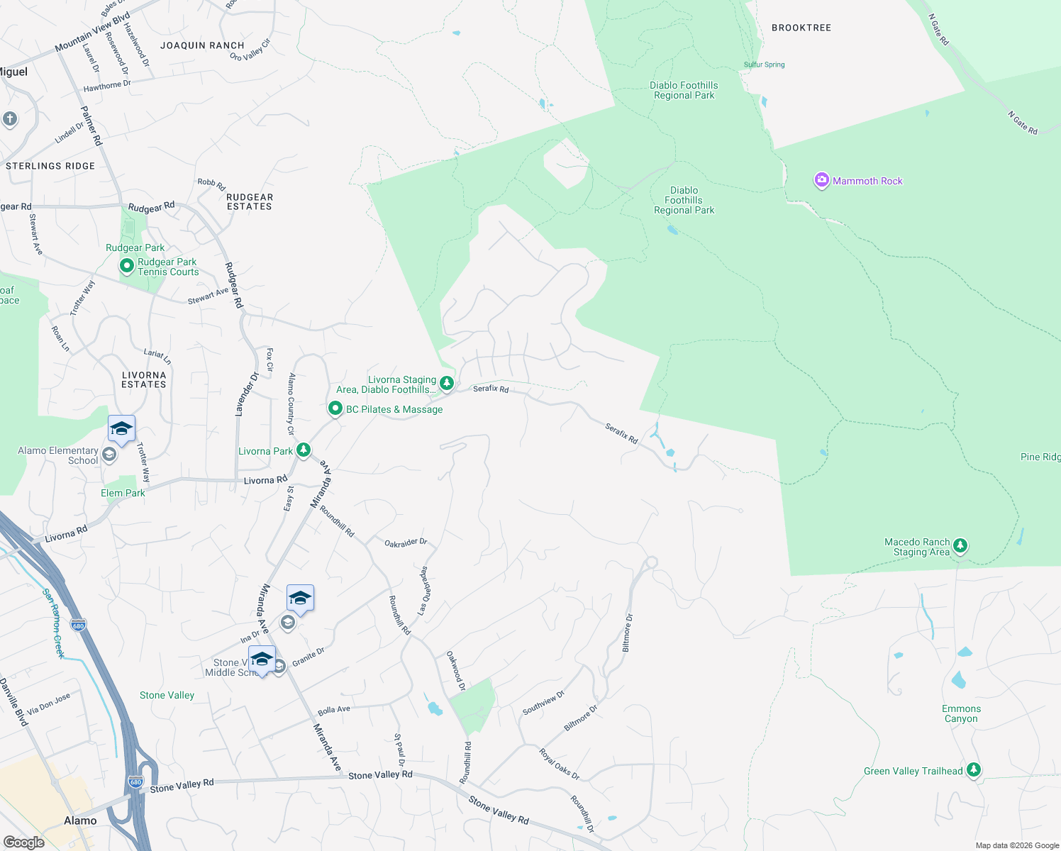 map of restaurants, bars, coffee shops, grocery stores, and more near 125 Mystic Place in Alamo