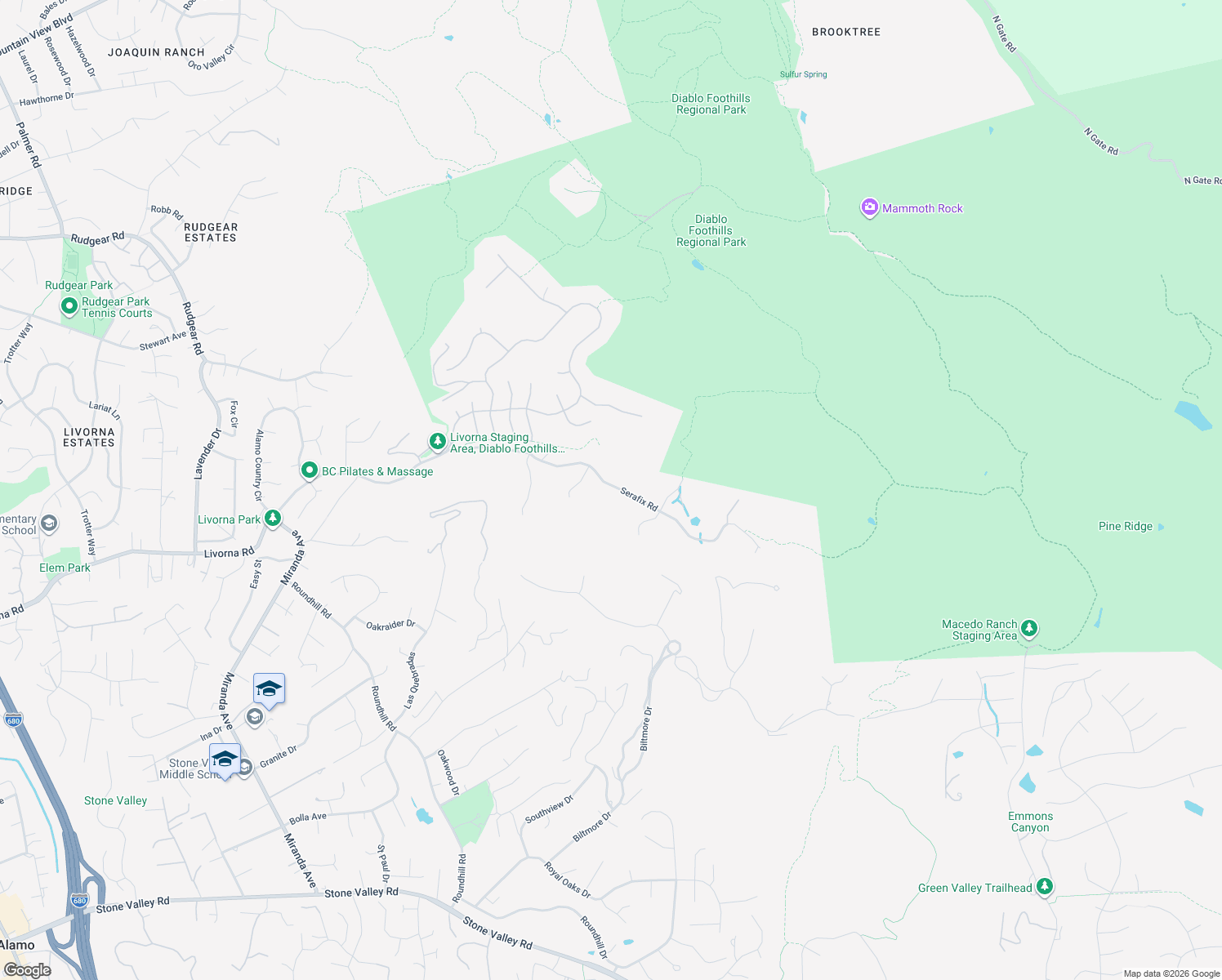 map of restaurants, bars, coffee shops, grocery stores, and more near 1536 Serafix Road in Alamo