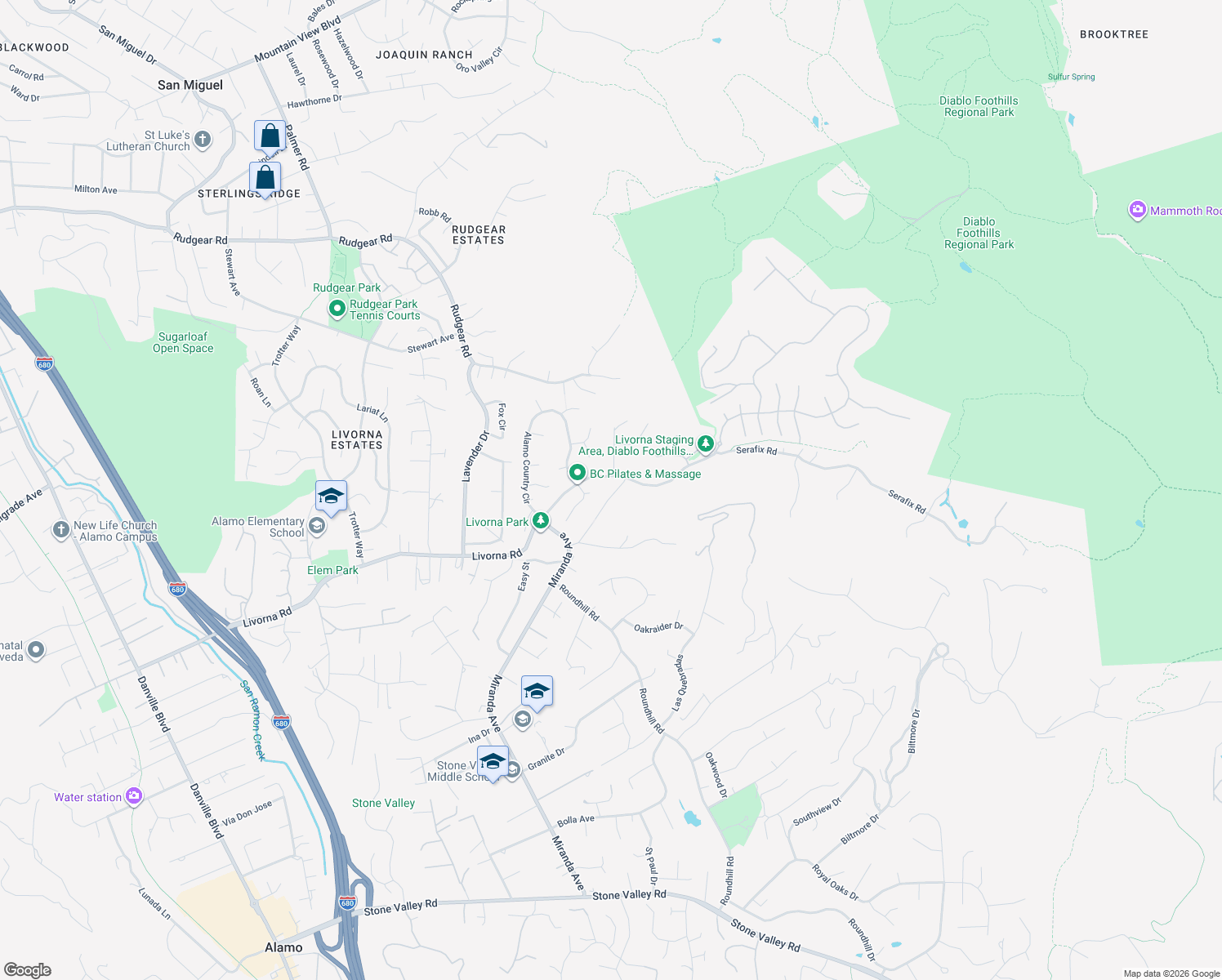 map of restaurants, bars, coffee shops, grocery stores, and more near 310 Miranda Lane in Alamo