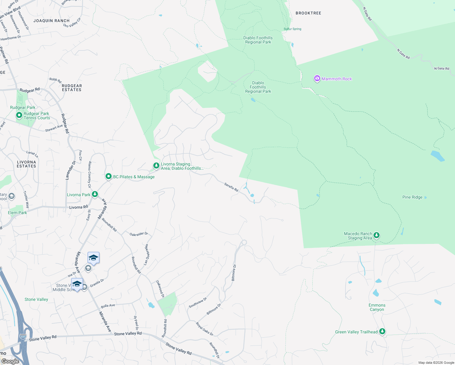 map of restaurants, bars, coffee shops, grocery stores, and more near 1561 Serafix Road in Alamo
