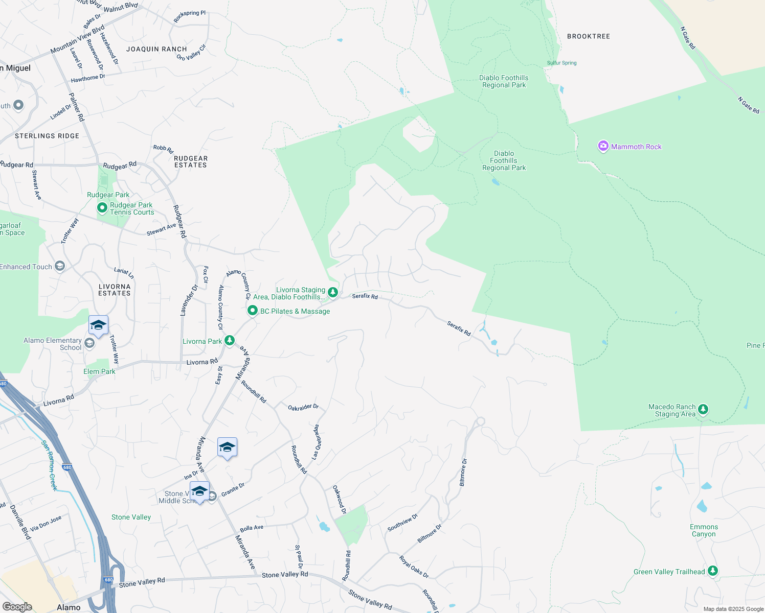map of restaurants, bars, coffee shops, grocery stores, and more near 100 Mystic Place in Alamo