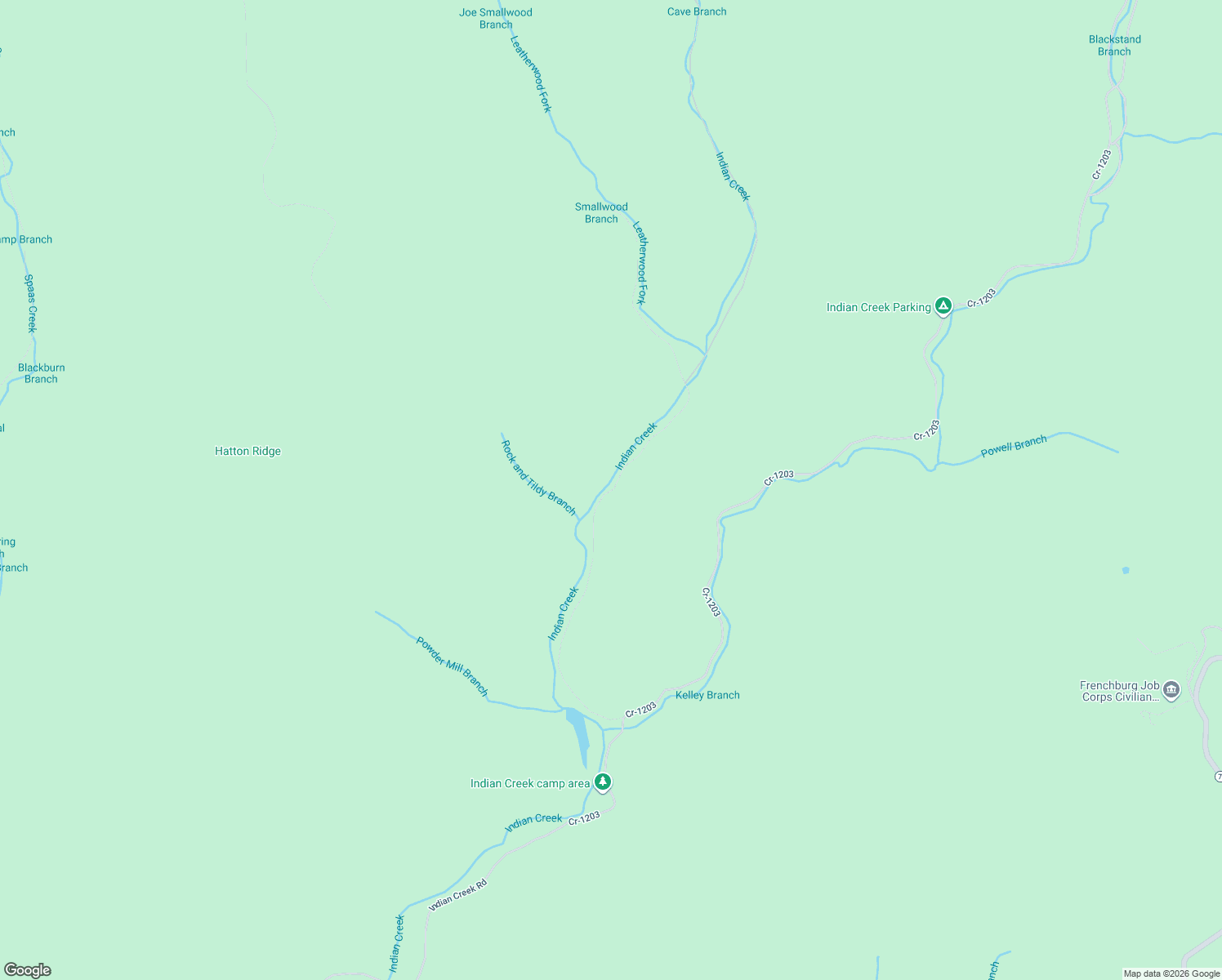 map of restaurants, bars, coffee shops, grocery stores, and more near Indian Creek Road in Frenchburg