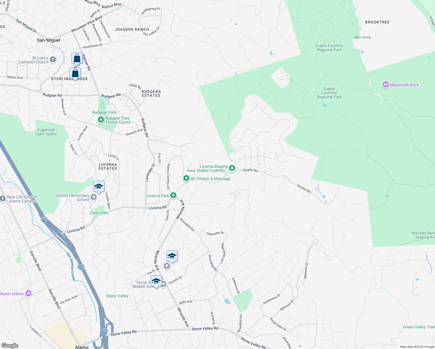 map of restaurants, bars, coffee shops, grocery stores, and more near 721 Fair Oaks Drive in Alamo