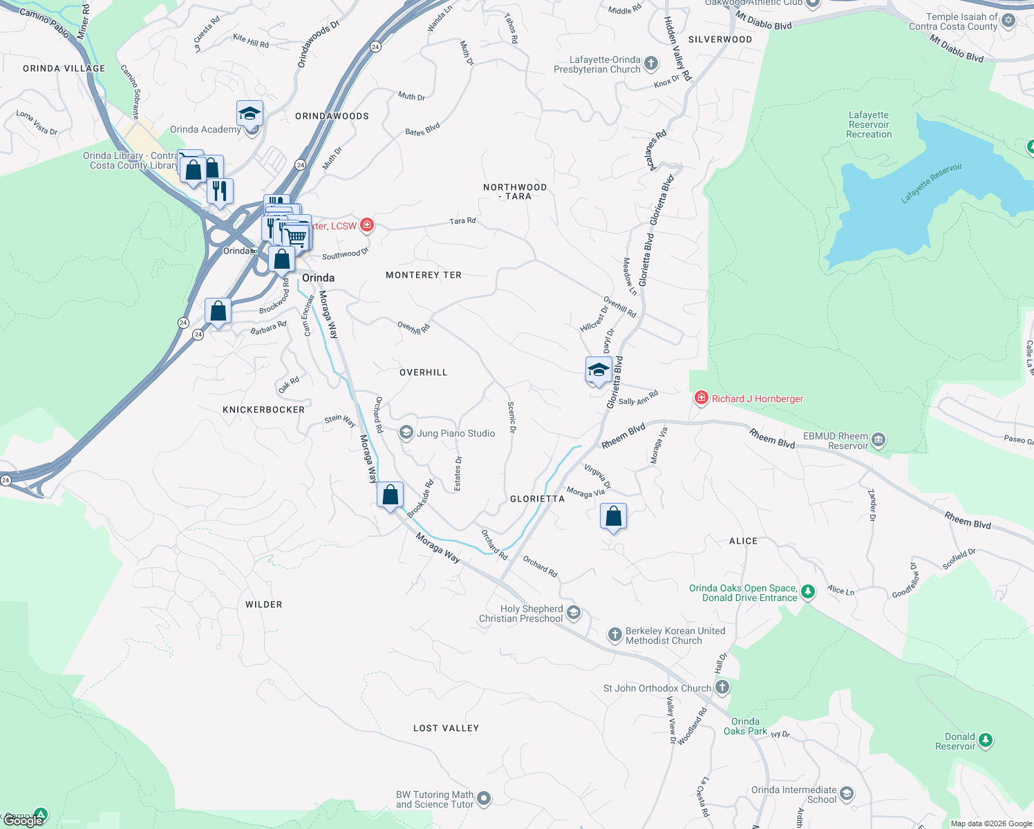 map of restaurants, bars, coffee shops, grocery stores, and more near 82 Scenic Drive in Orinda